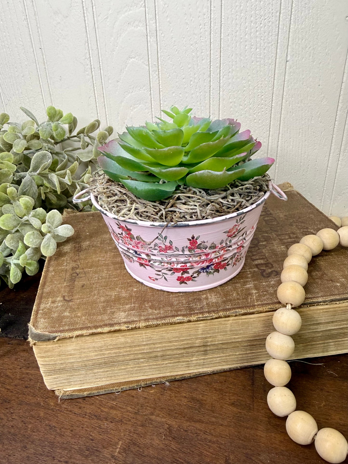 Upcycled Mini Washtub Faux Succulent Plant- Pink