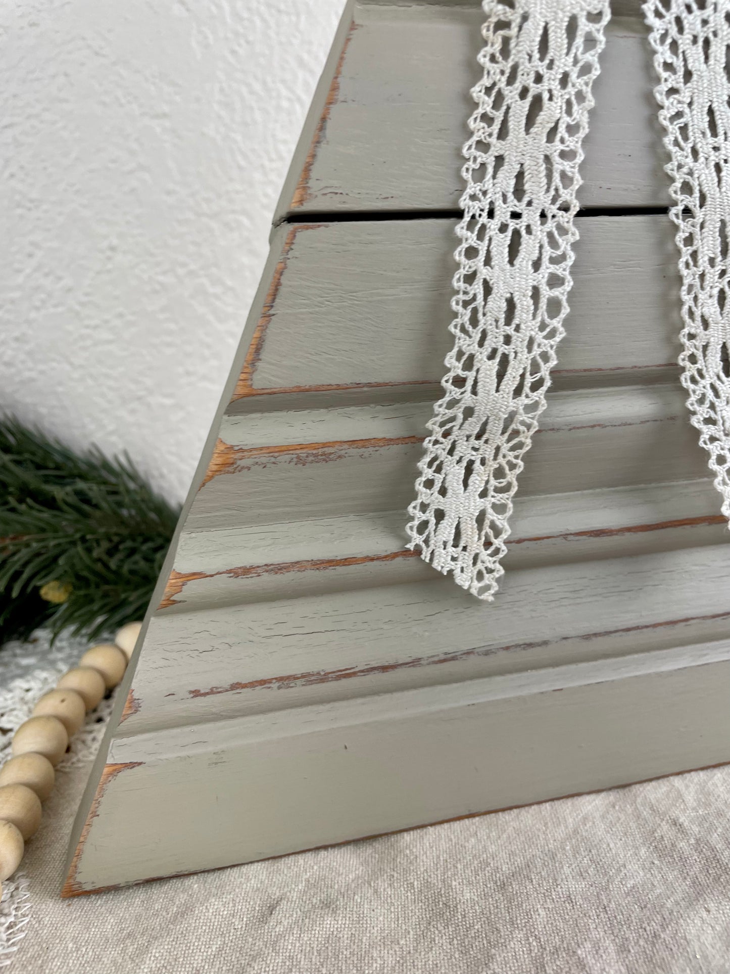 Upcycled Vintage Trim Beige Large Christmas Tree with Handmade Bow & Lace