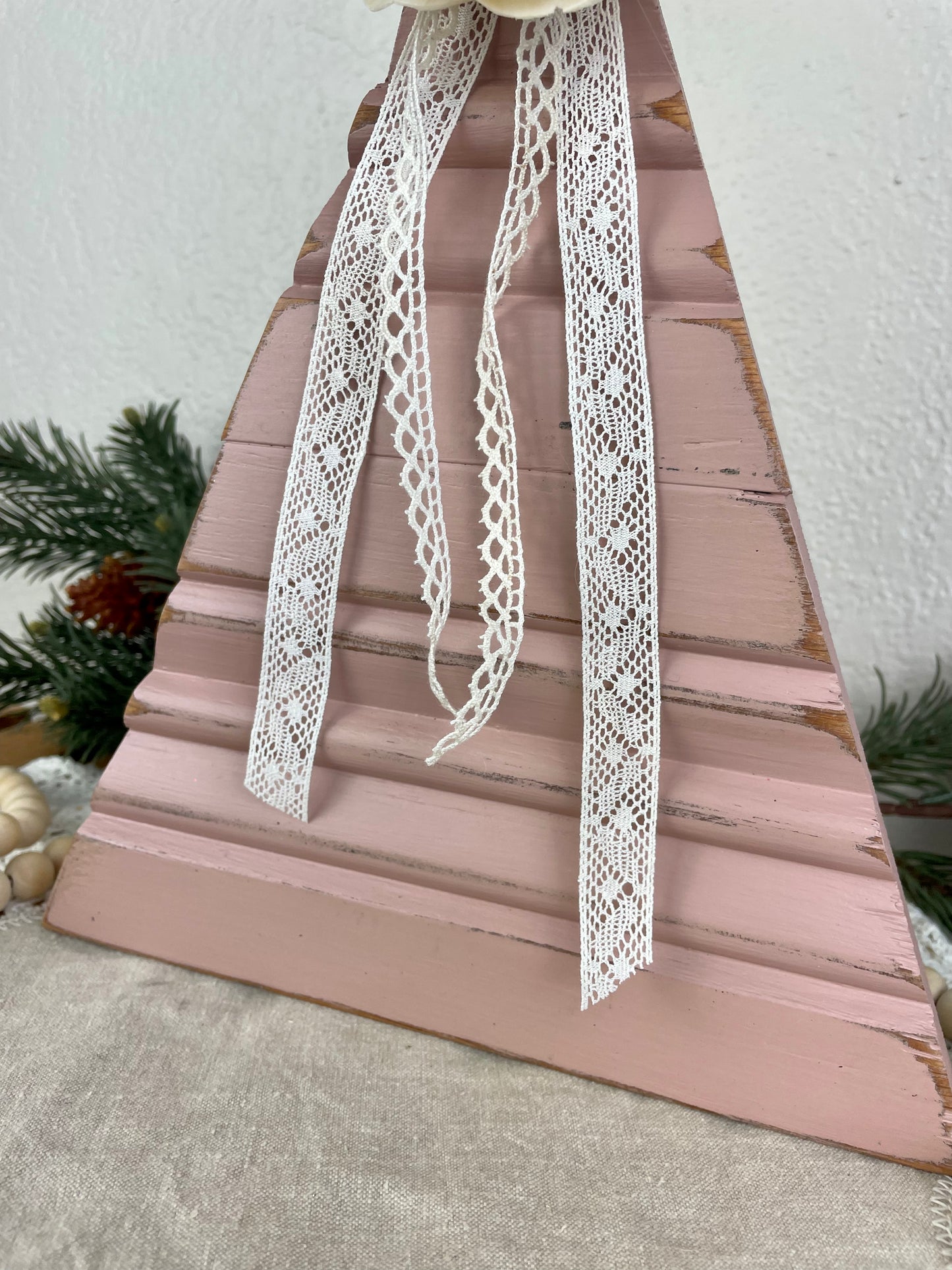 Upcycled Vintage Trim Pink Large Christmas Tree with Wood Flower
