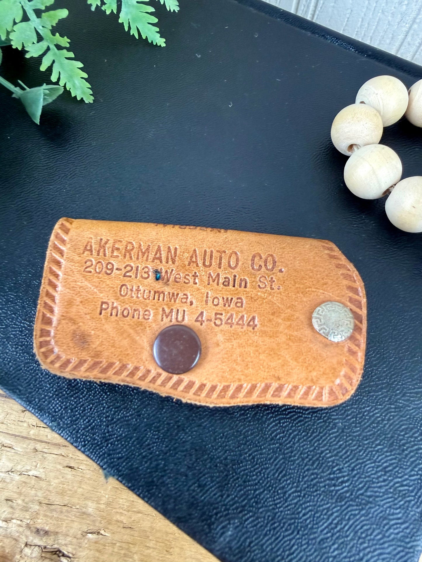Vintage Promotional Leather Key Fob from Ottumwa, IA- Akerman Auto Co.