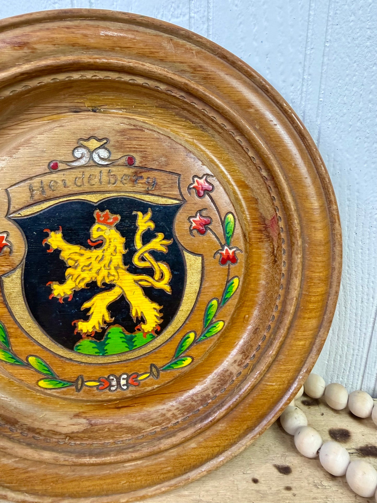Vintage Hand-Painted Wooden Souvenir Plate from Heidelberg Germany