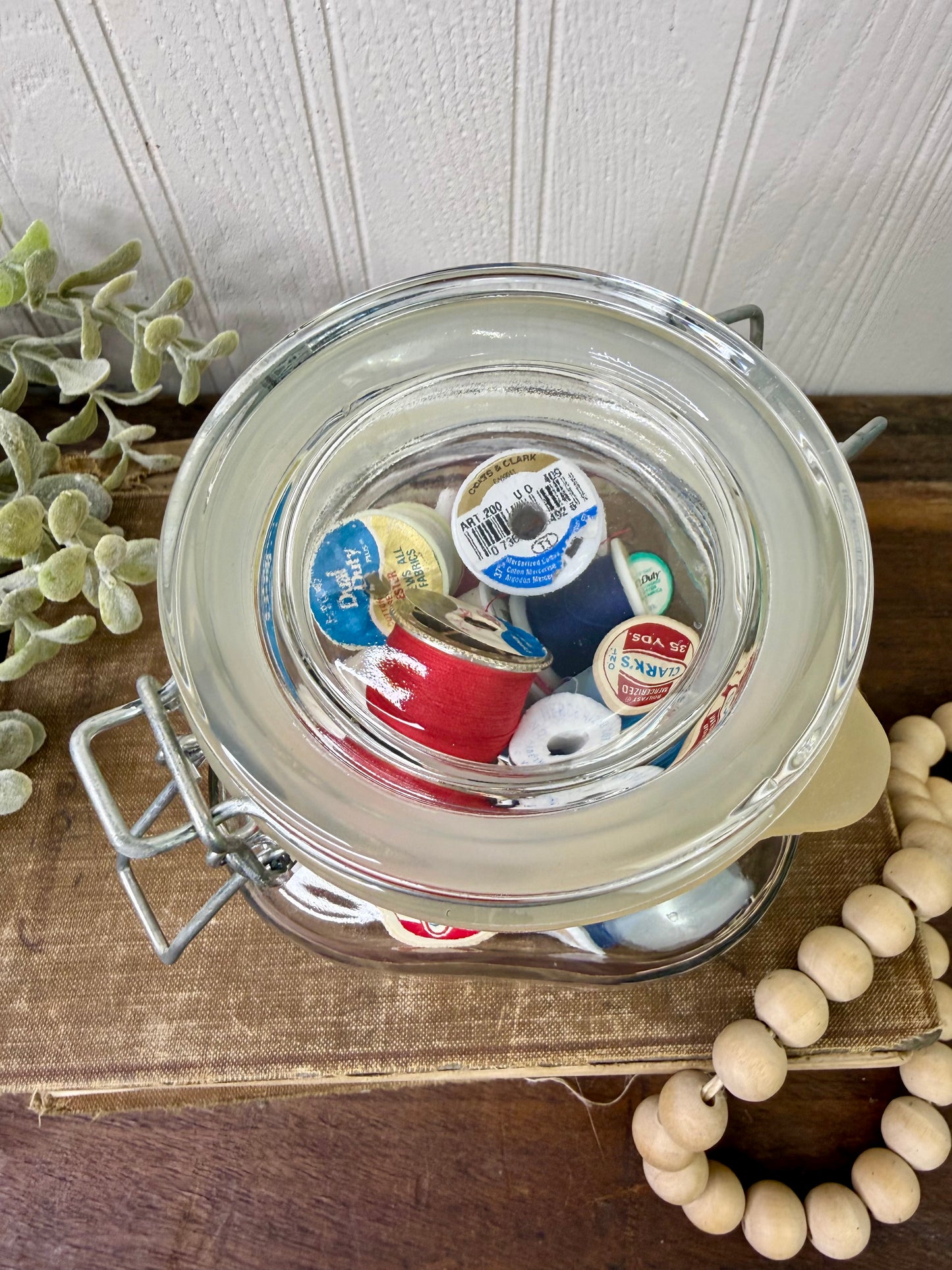 Vintage Glass Clasp Jar with Thread Spools