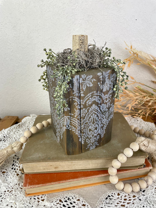 Handmade Reclaimed Wood Tall Block Pumpkin with Stamped Lace Details