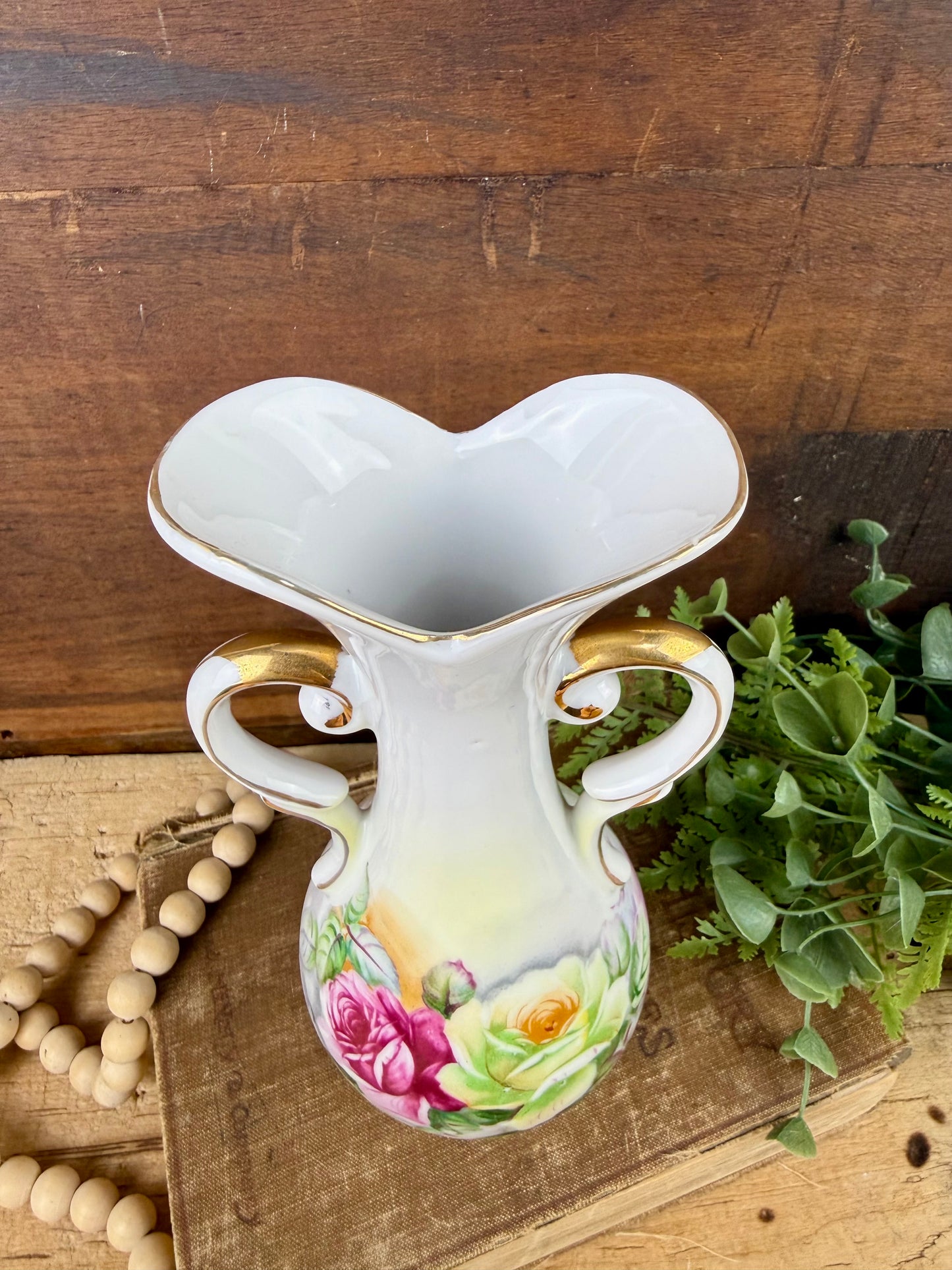 Vintage Porcelain Arnart Floral Double Handle Vase