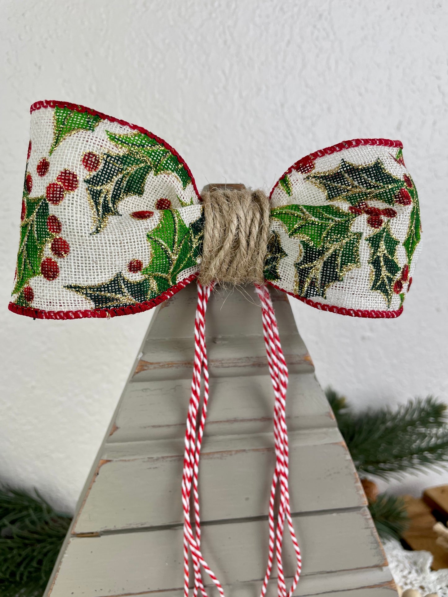 Upcycled Vintage Trim Beige Large Christmas Tree with Handmade Bow