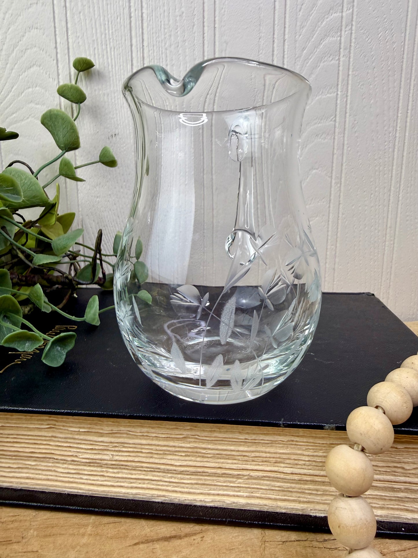 Vintage Crystal Glass Creamer with Etched Florals
