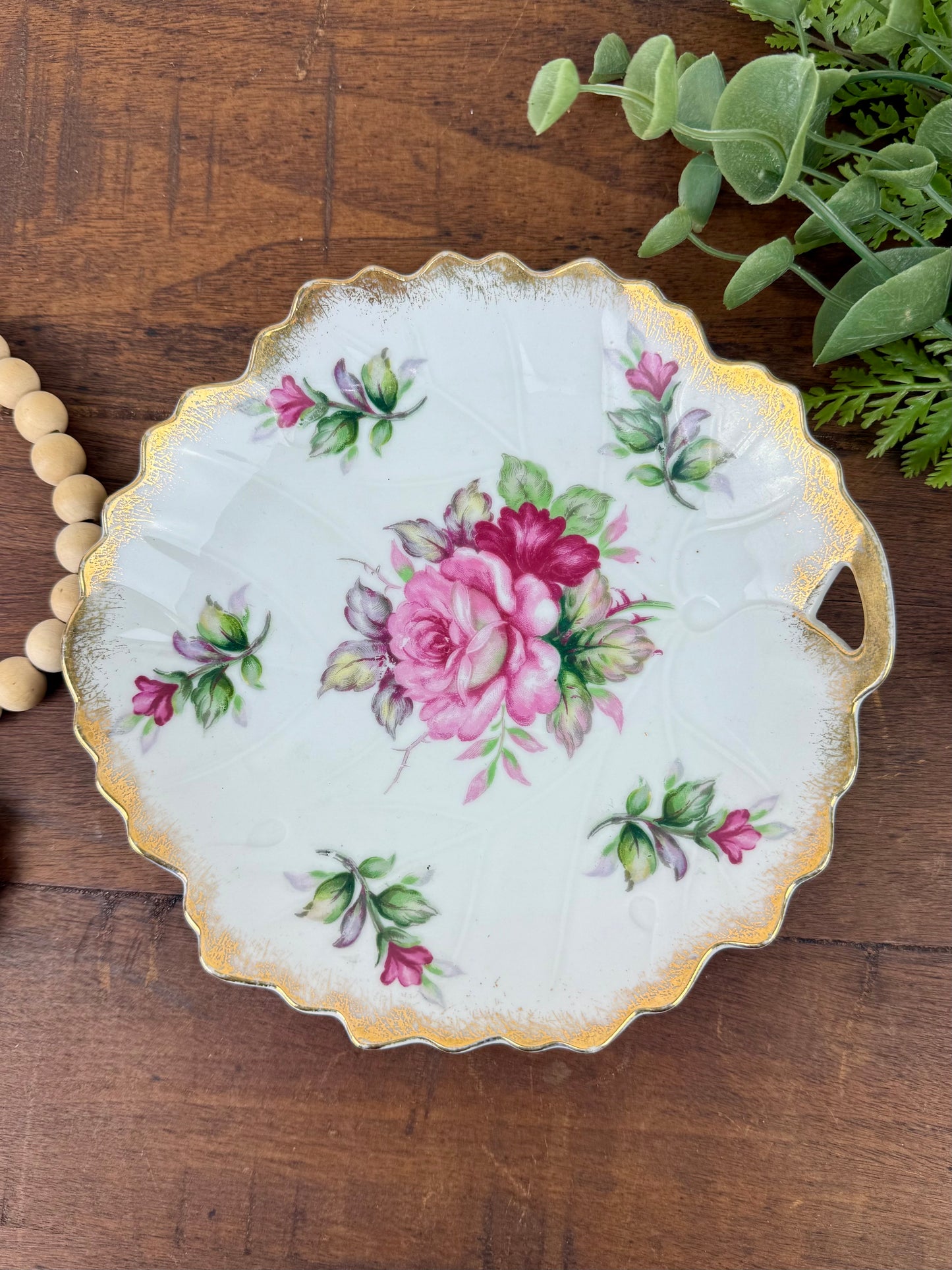 Vintage Japanese Porcelain Plate with Hand Painted Roses
