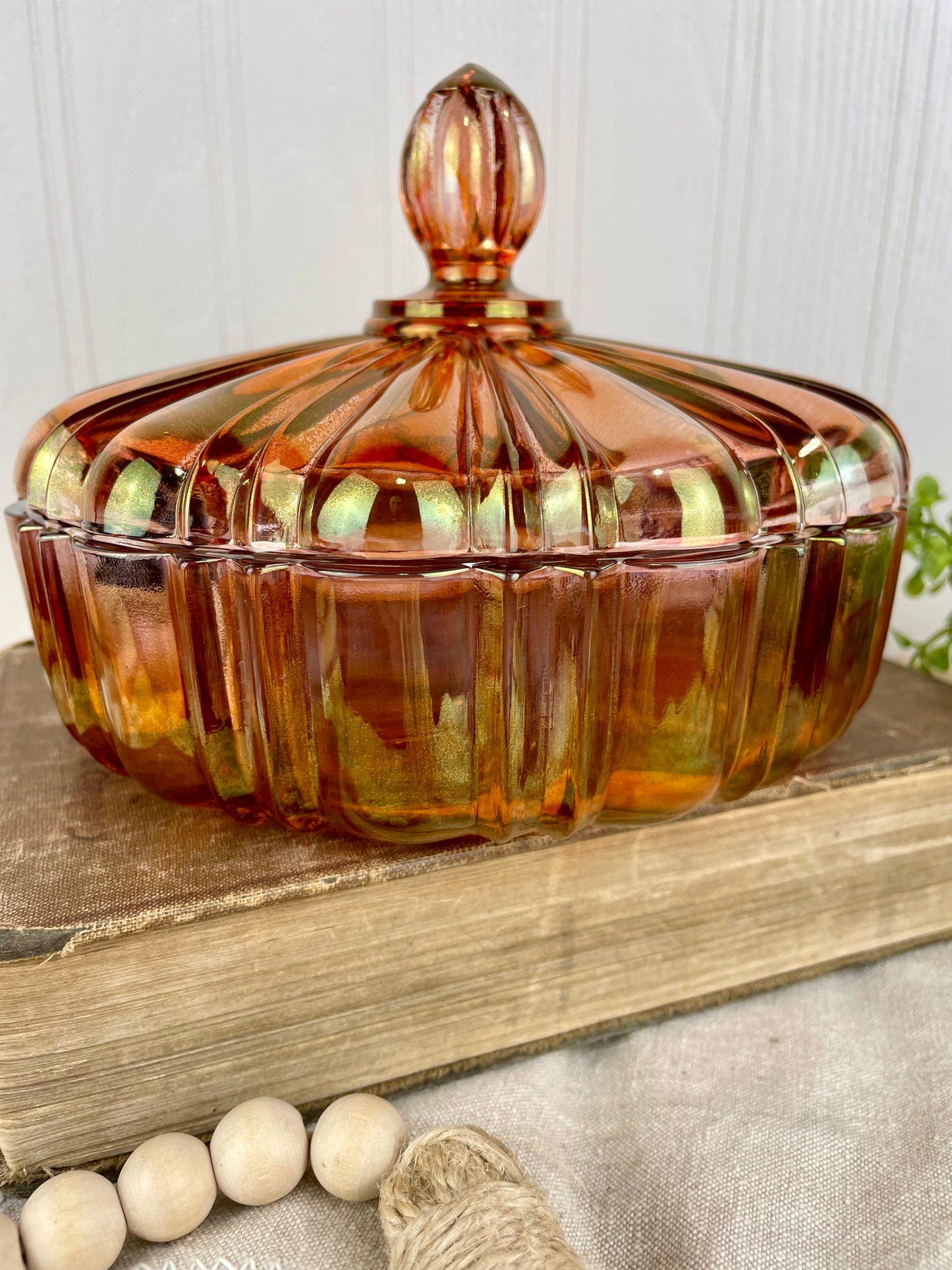 Vintage Marigold Carnival Glass Candy Dish with Lid