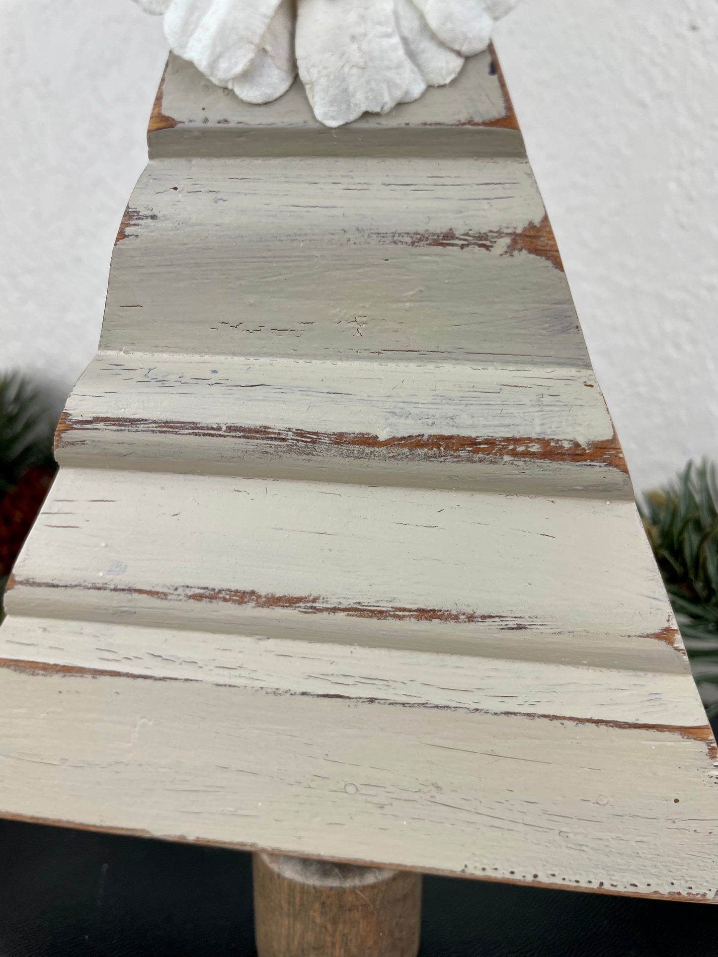 Upcycled Small Vintage Trim Beige Christmas Tree with White Flower