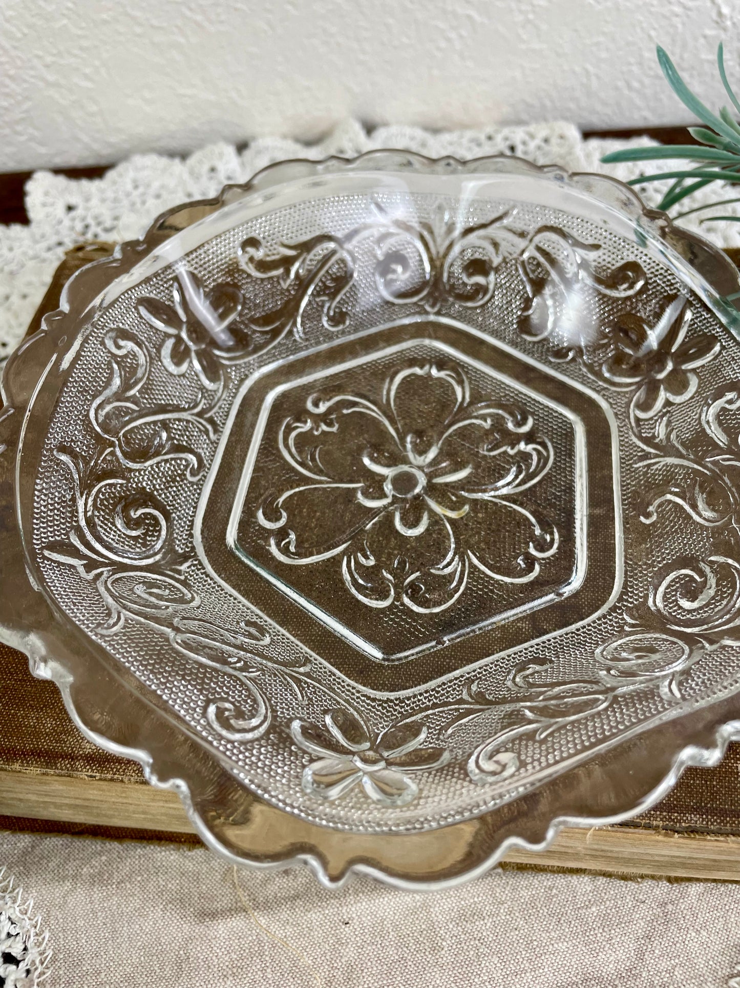 Vintage Indiana Glass Scalloped Candy Dish with Floral Design