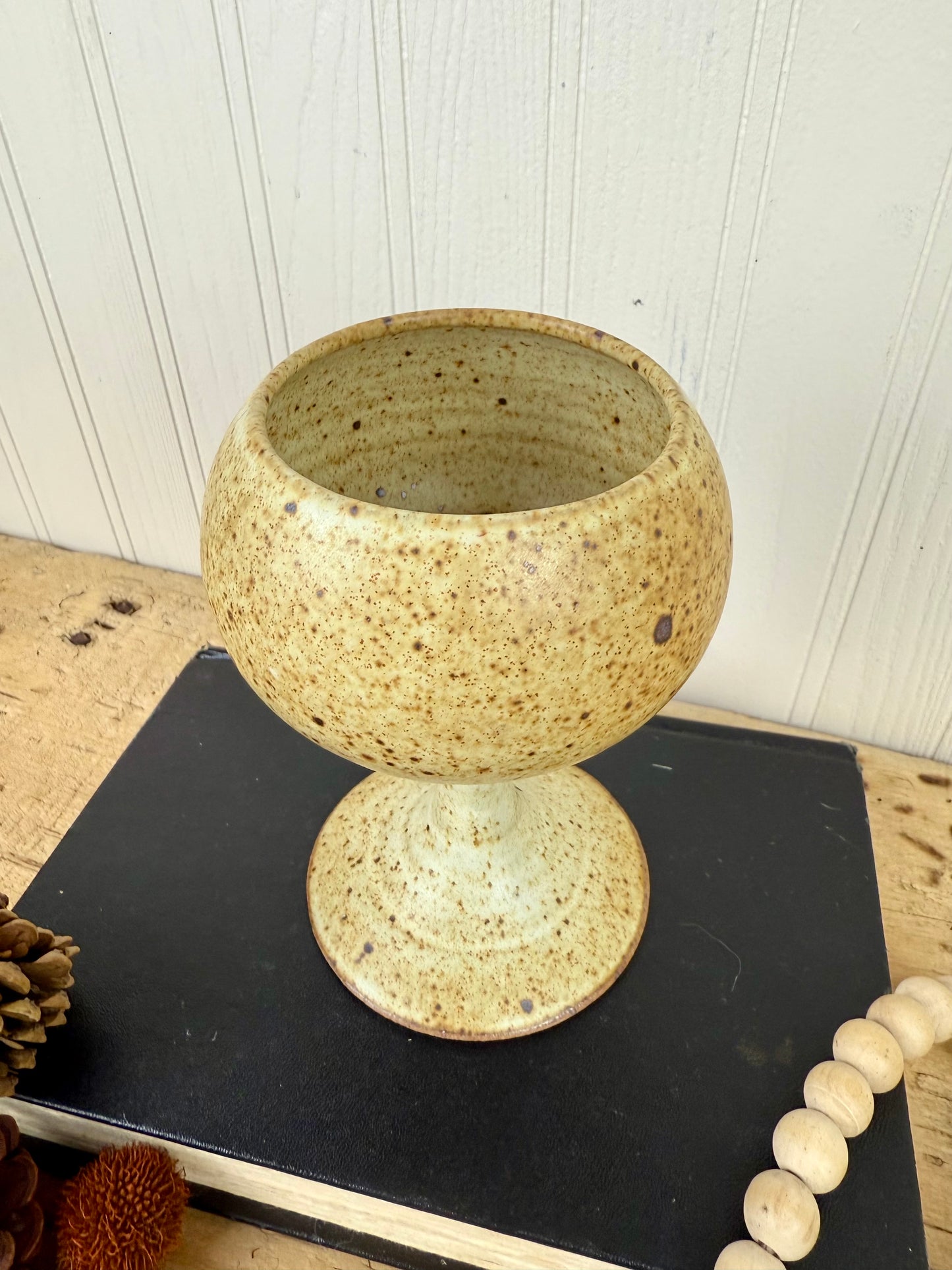 Vintage Handmade Speckled Stoneware Pottery Wine Goblet
