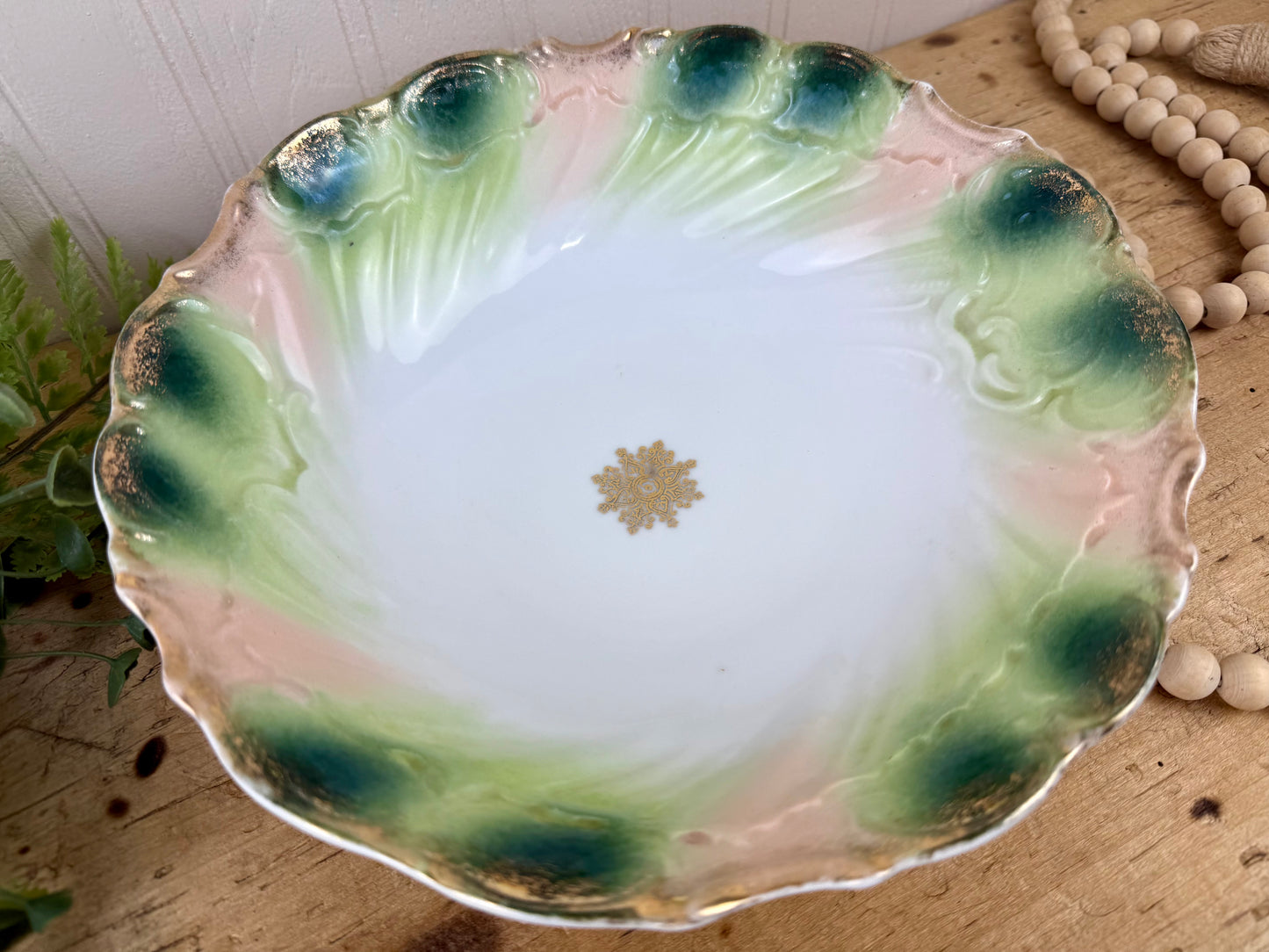 Vintage Green & Pink Porcelain Serving Bowl