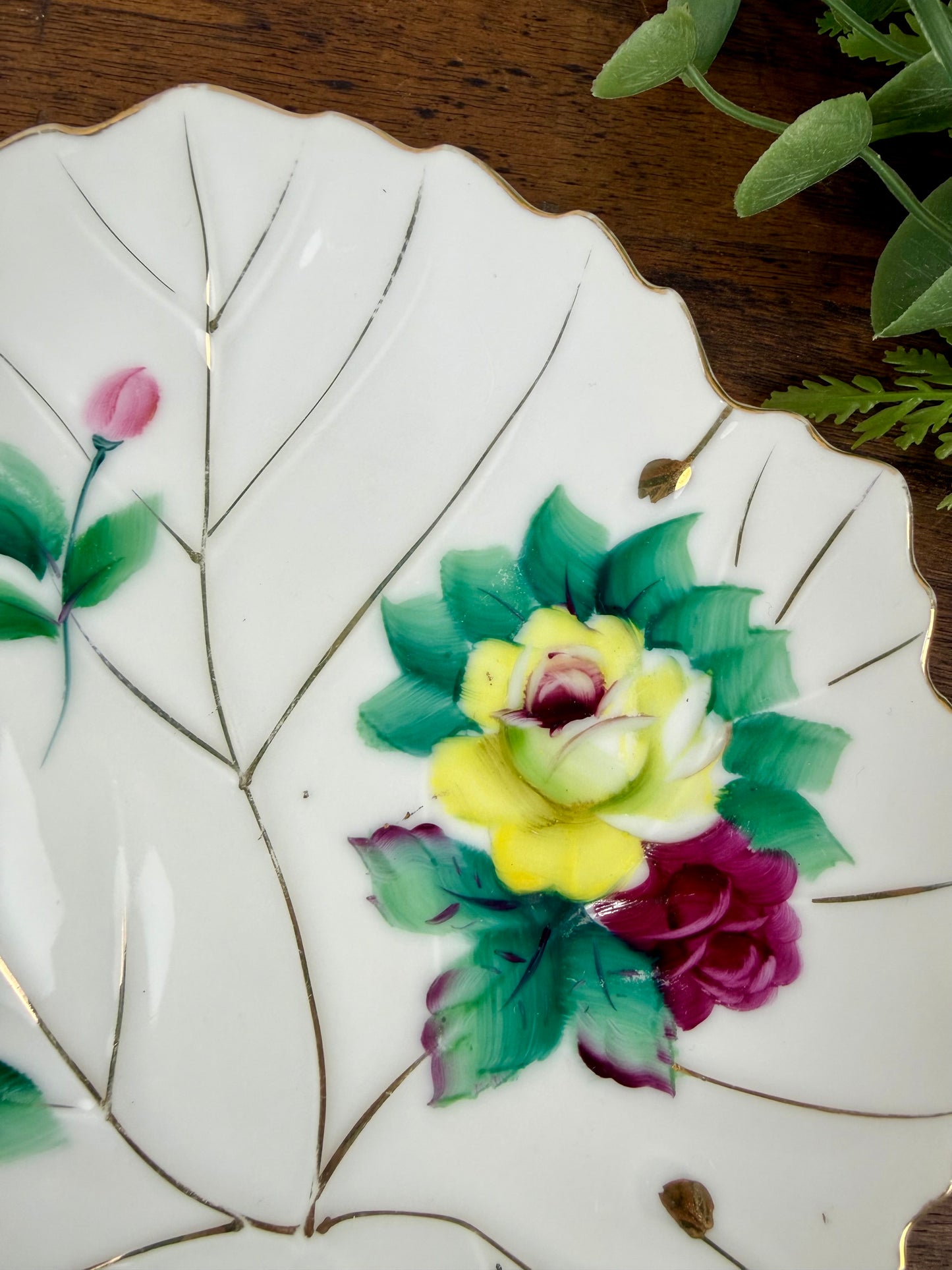 Vintage Hand Painted Japanese Porcelain Leaf Plate