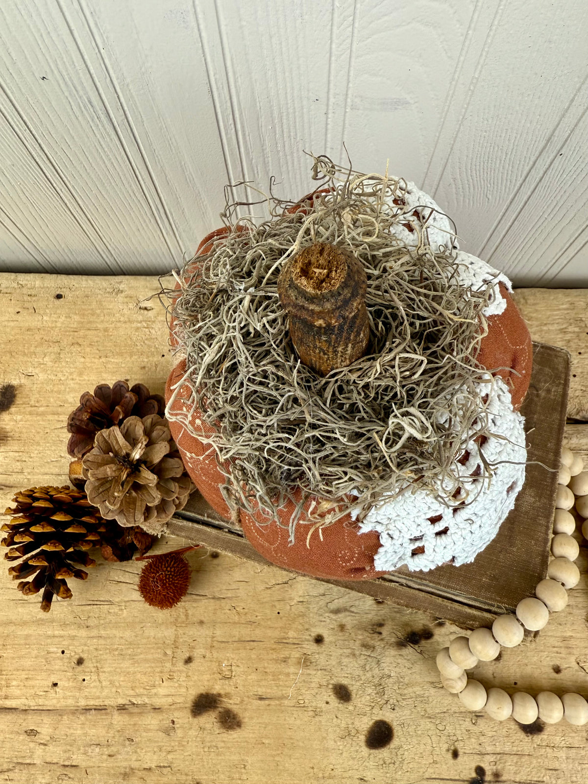 Handmade Plush Pumpkin with Doily Leaves #2