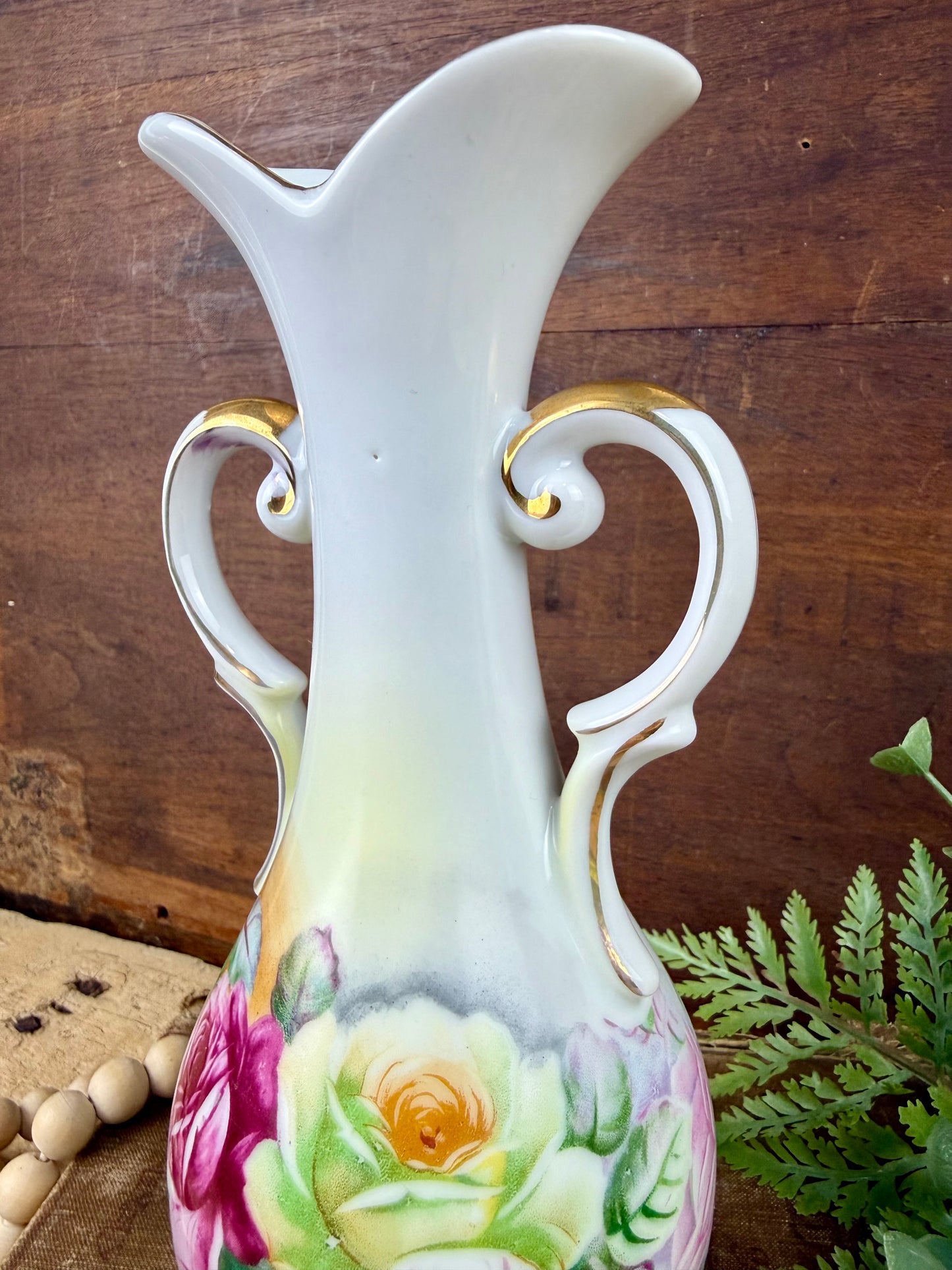 Vintage Porcelain Arnart Floral Double Handle Vase