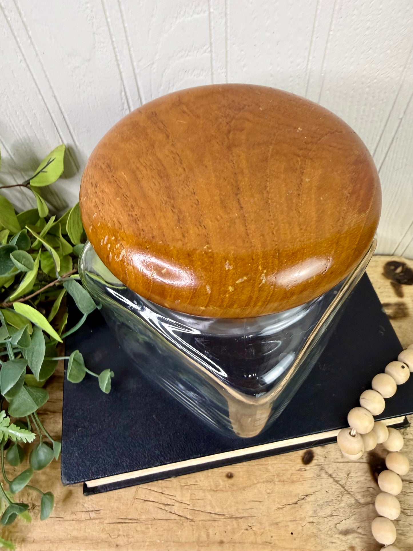 Vintage Dolphin Thailand Glass Canister with Teak Wood Lid