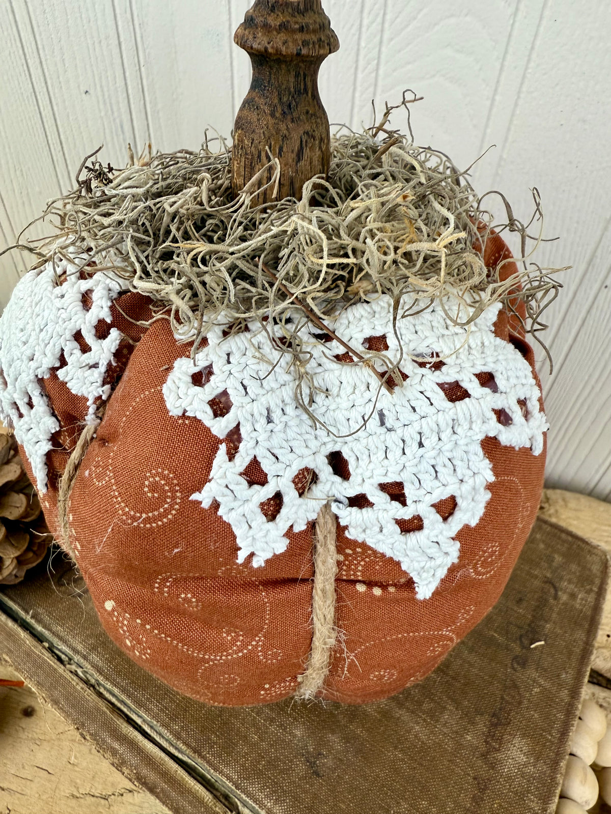 Handmade Plush Pumpkin with Doily Leaves #2