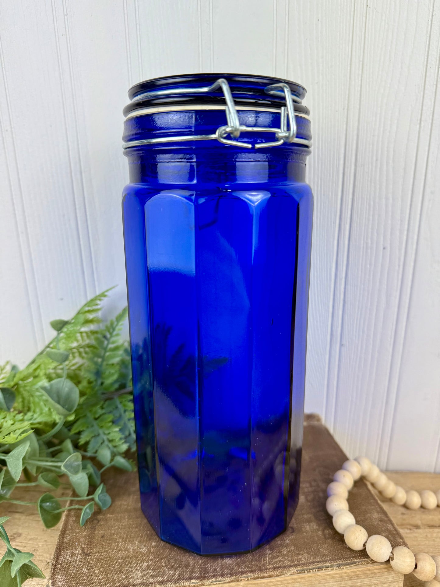 Vintage Cobalt Blue Glass Canister with Wire Clasp