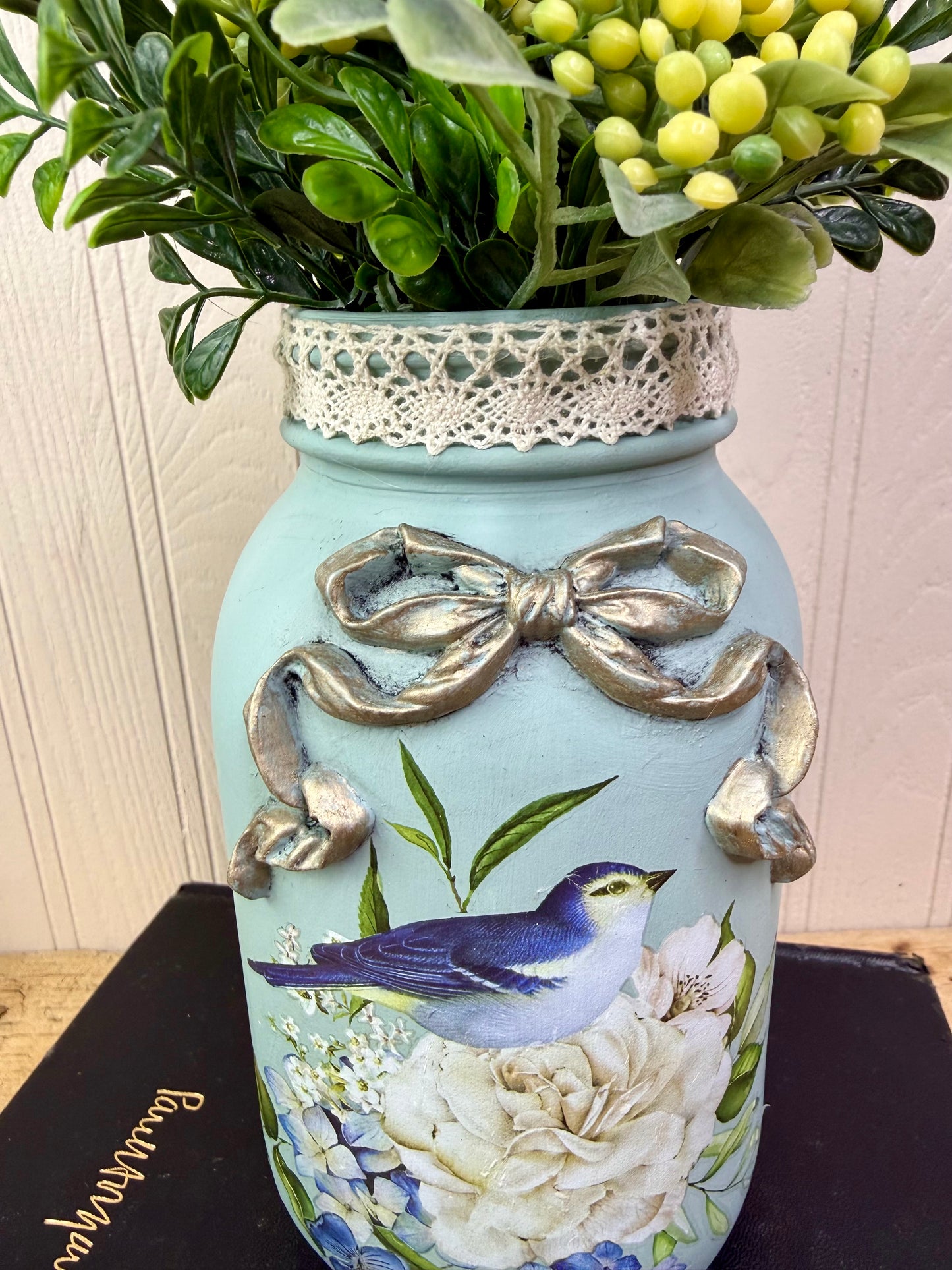 Handmade Upcycled Jar Vase with Blue Birds