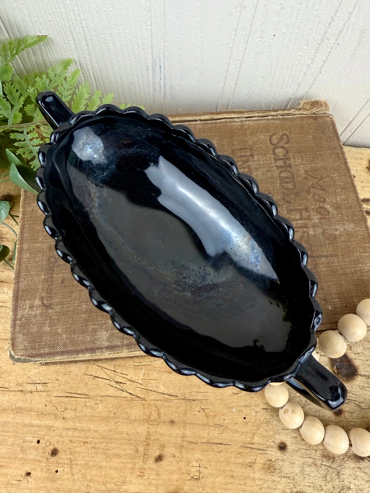 Vintage 1940’s Imperial Glass Pillar Flute Black Glass Pickle Dish