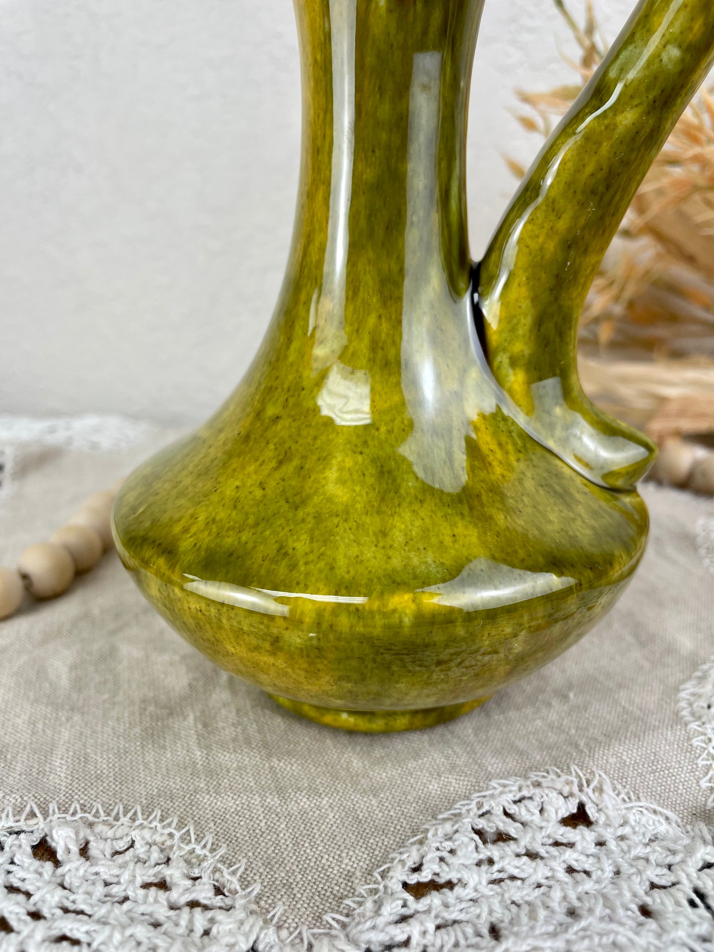 Vintage Handmade Green Pottery Pitcher