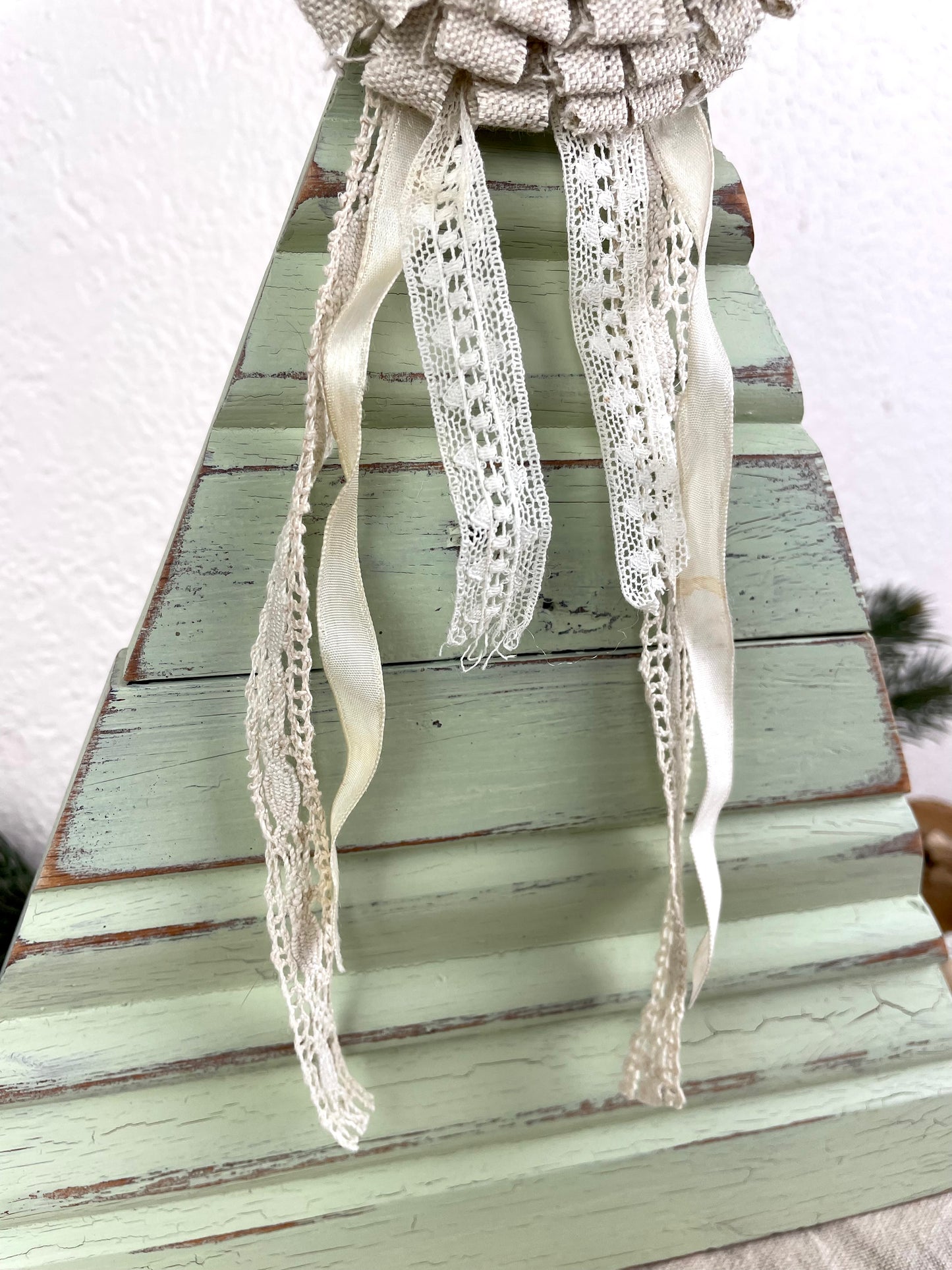 Upcycled Vintage Trim Sage Large Christmas Tree with Handmade Flower