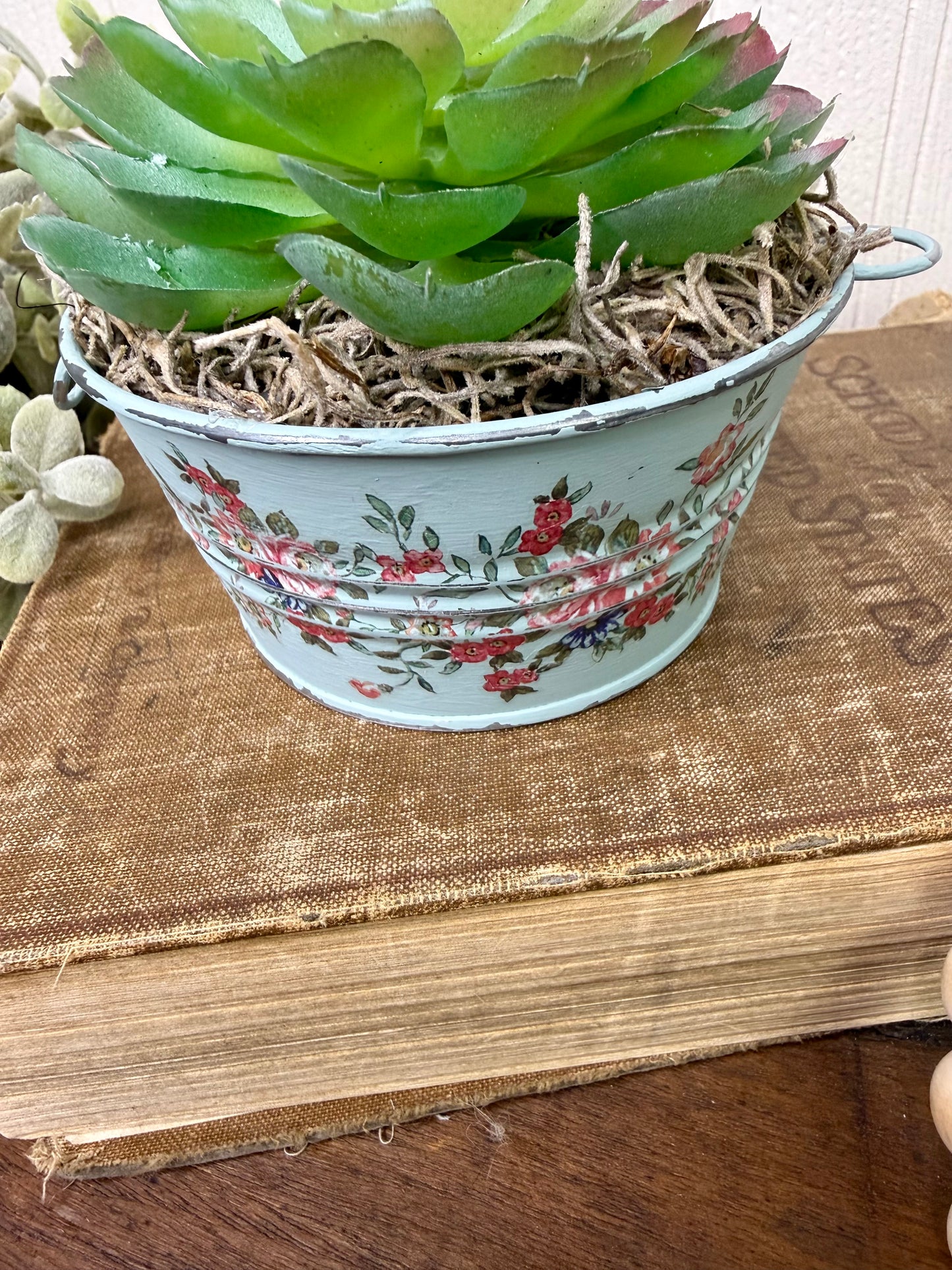 Upcycled Mini Washtub Faux Succulent Plant- Blue