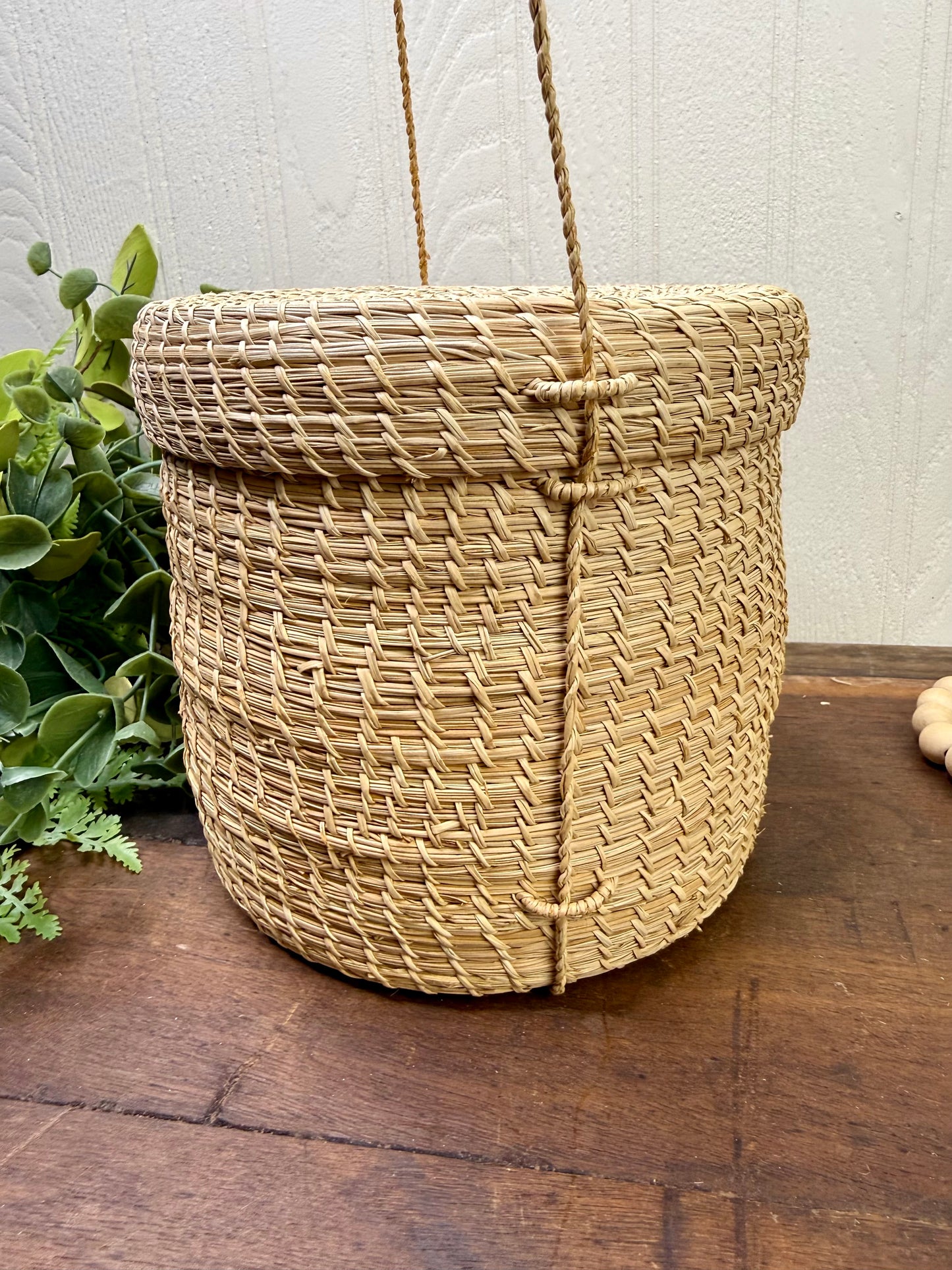 Vintage Hand Woven Hanging Basket with Lid