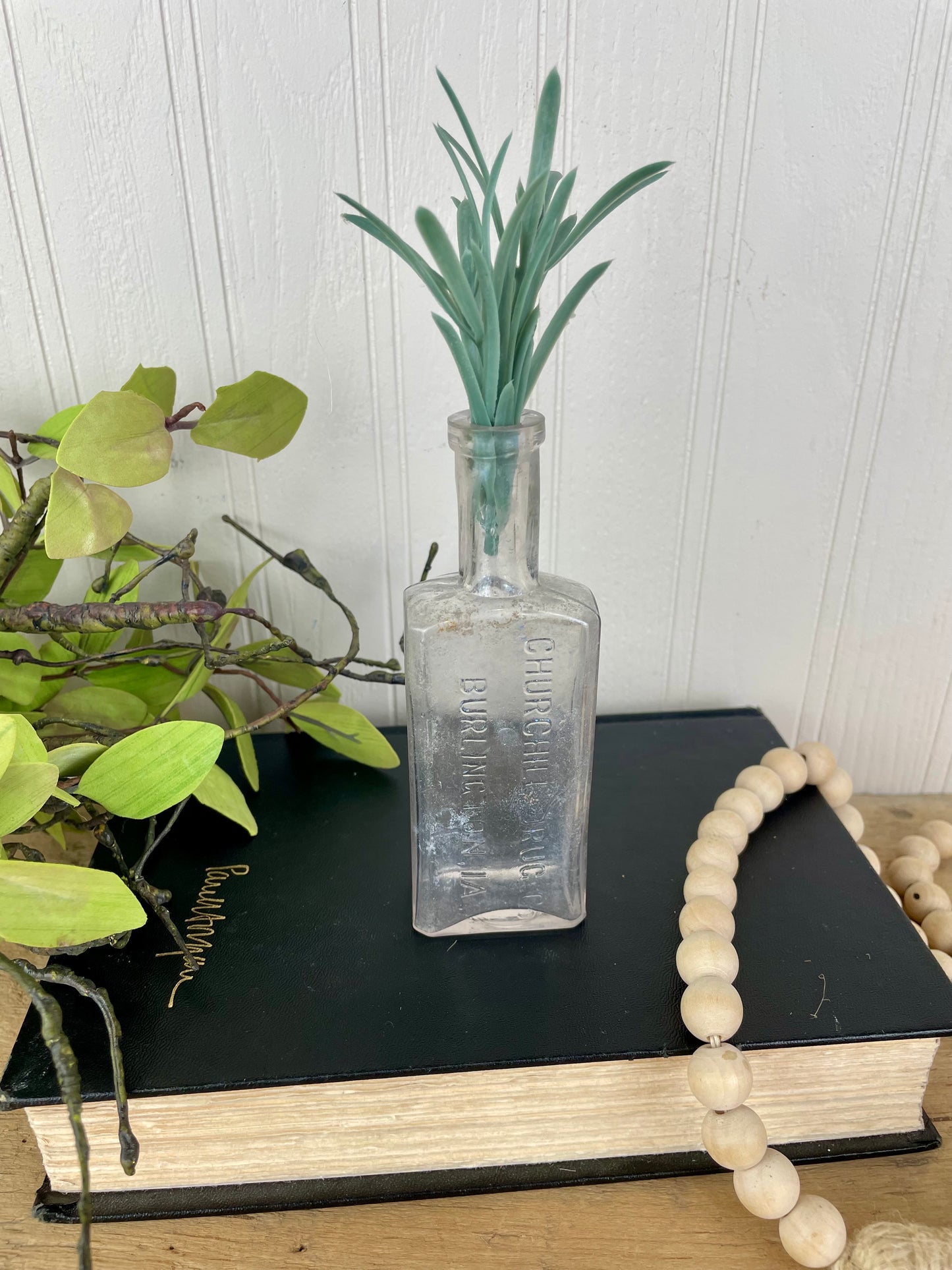 Vintage Burlington Iowa Medicine Bottle with Greenery