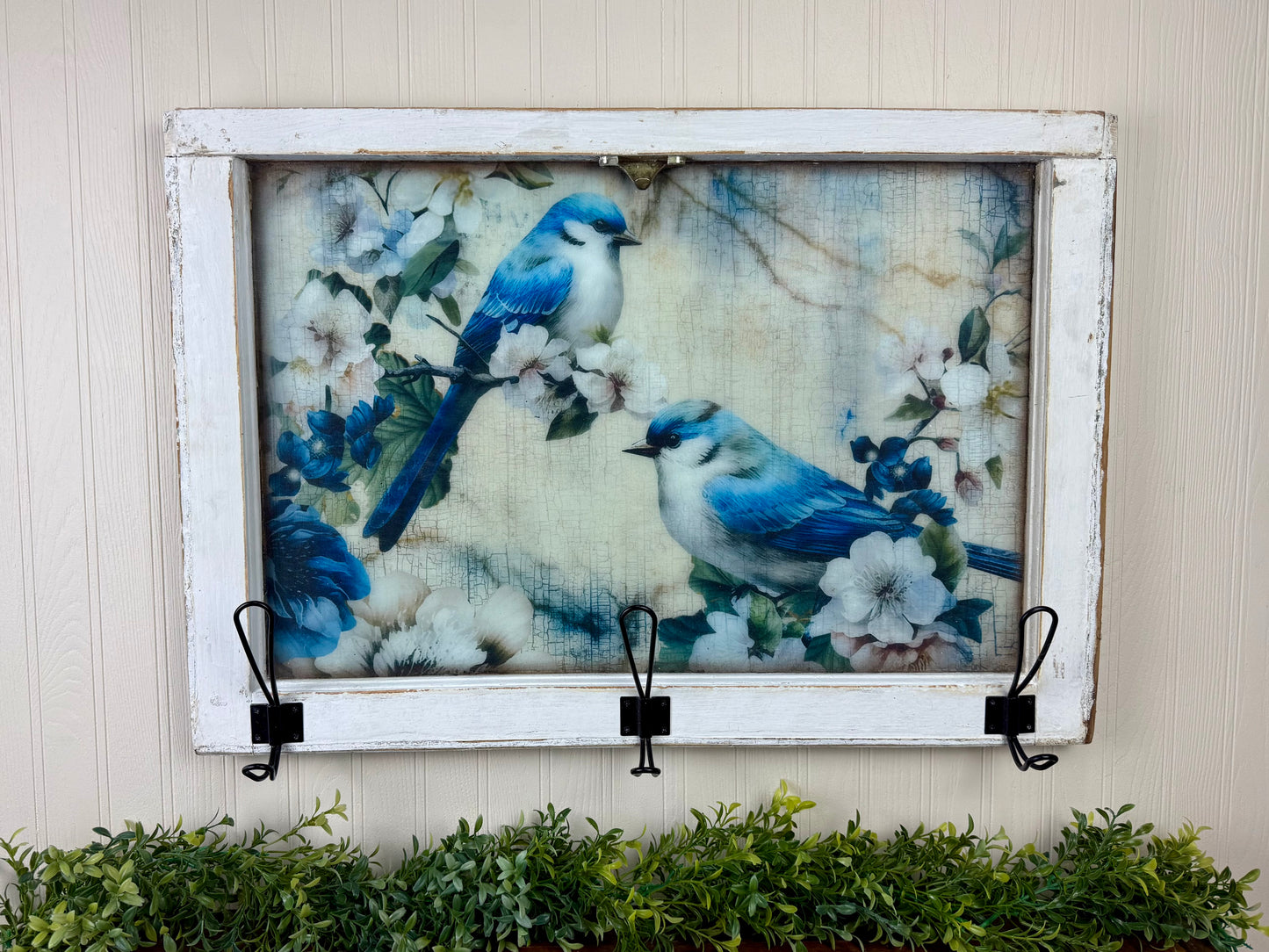 Handmade Upcycled Blue Bird Window Wall Art with Hanging Hooks- Shipping Included