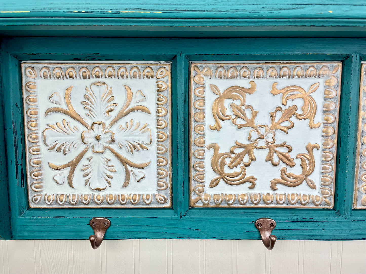 Upcycled Teal Painted Shelf with Hooks