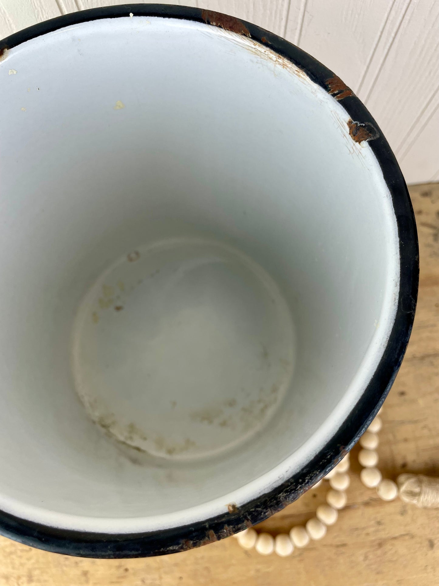 Vintage White Enamel Canister with Black Rim