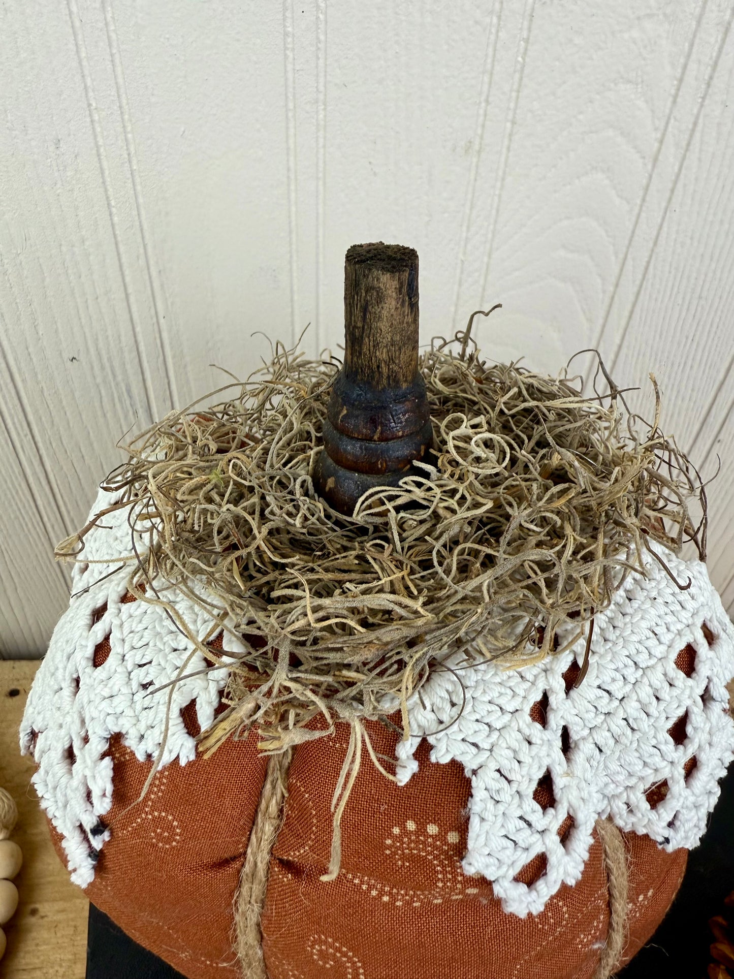Handmade Plush Pumpkin with Doily Leaves