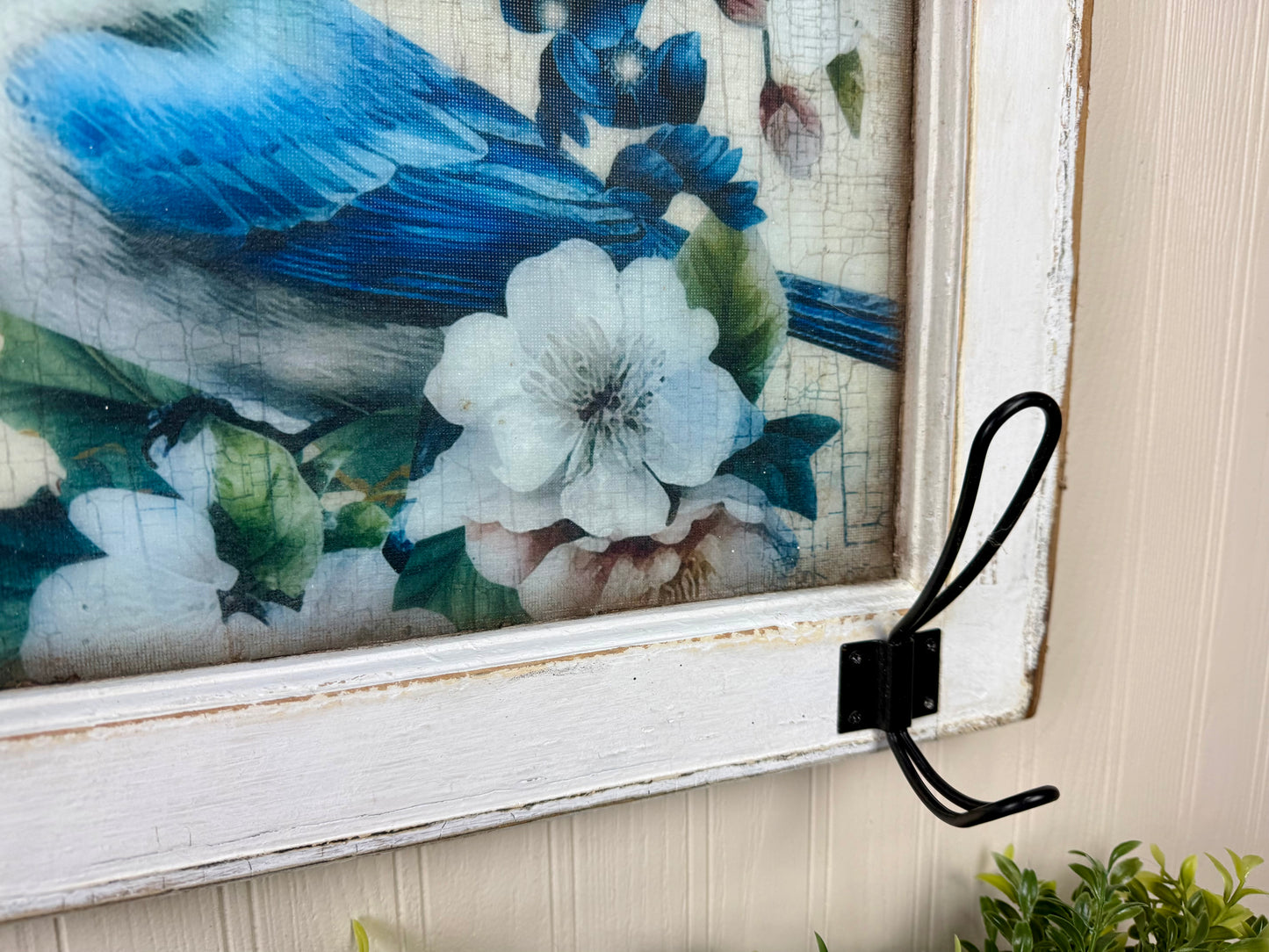 Handmade Upcycled Blue Bird Window Wall Art with Hanging Hooks- Shipping Included