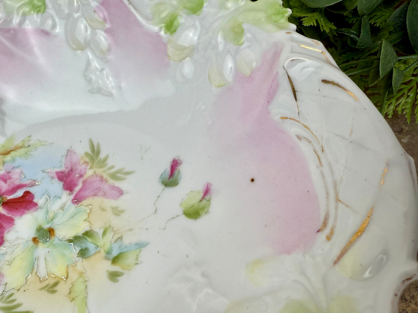 Antique Porcelain Serving Bowl with Hand Painted Florals