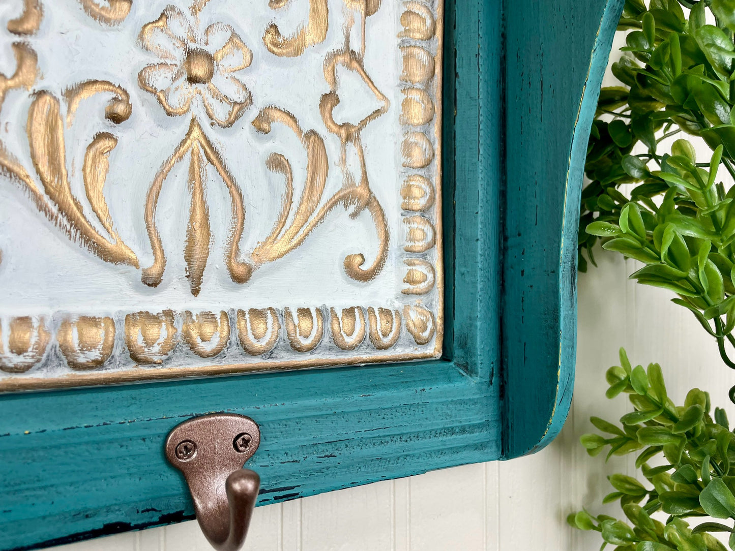 Upcycled Teal Painted Shelf with Hooks