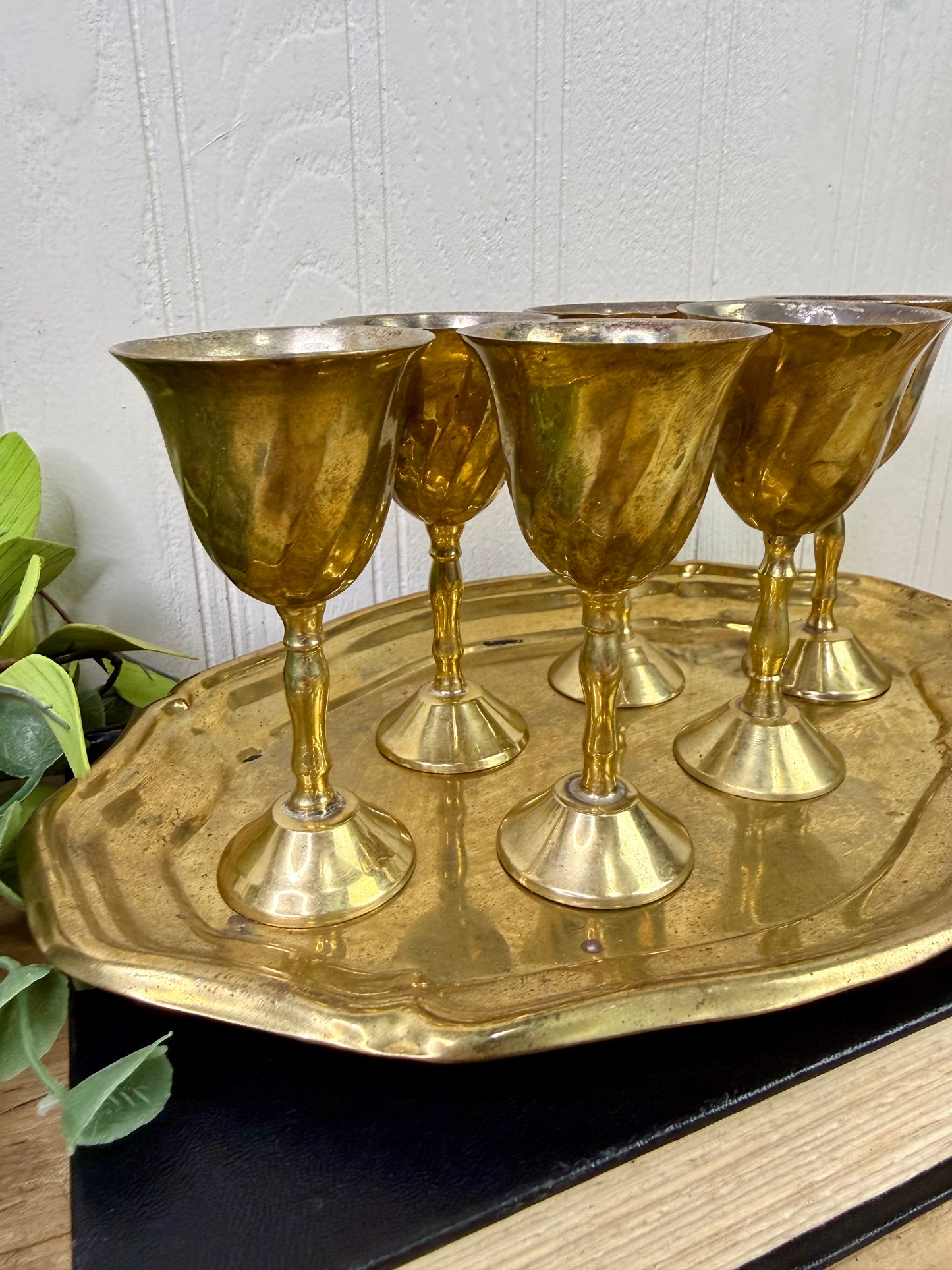 Vintage Mini Brass Barware Set with Goblets & Tray