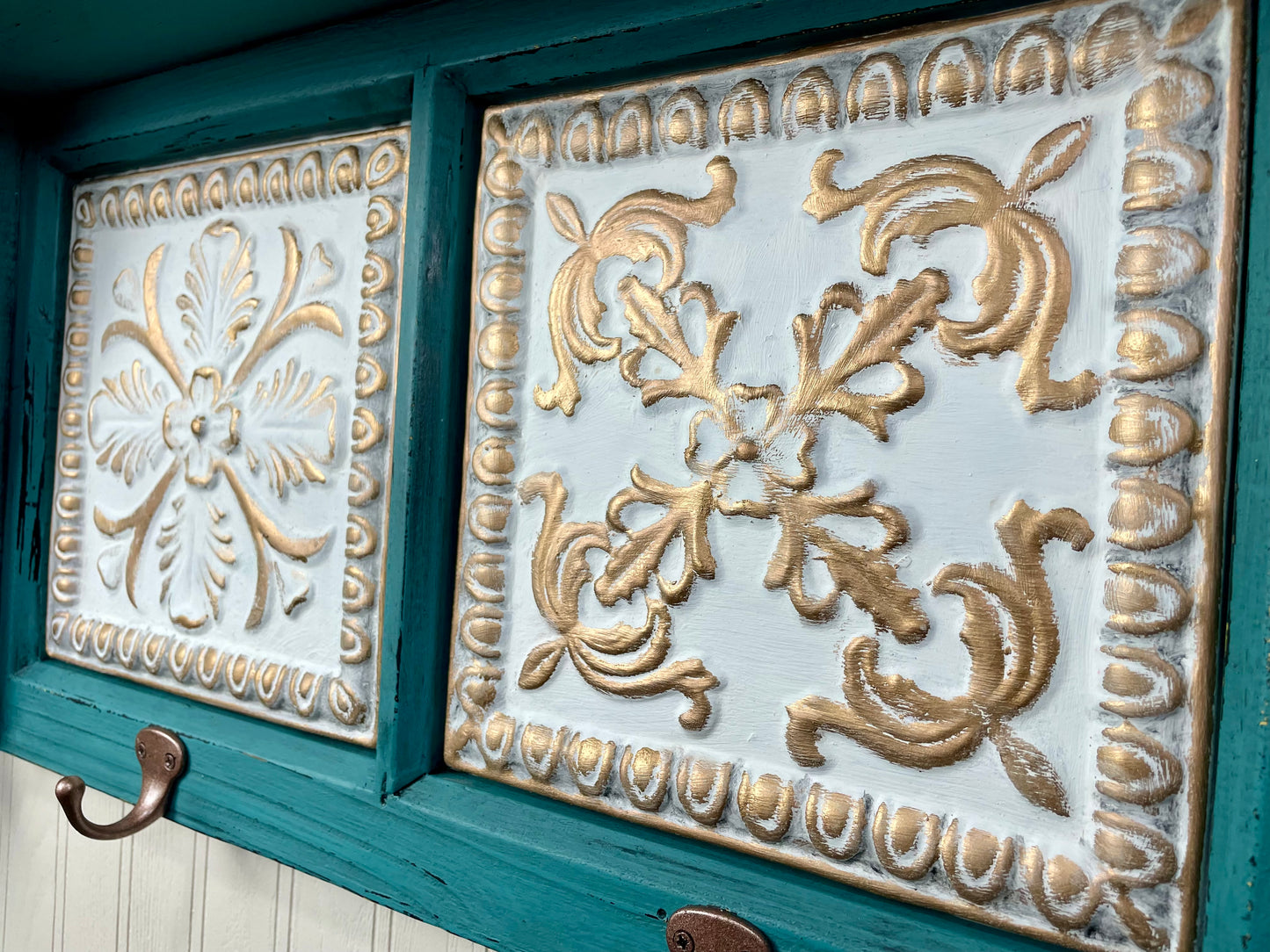 Upcycled Teal Painted Shelf with Hooks