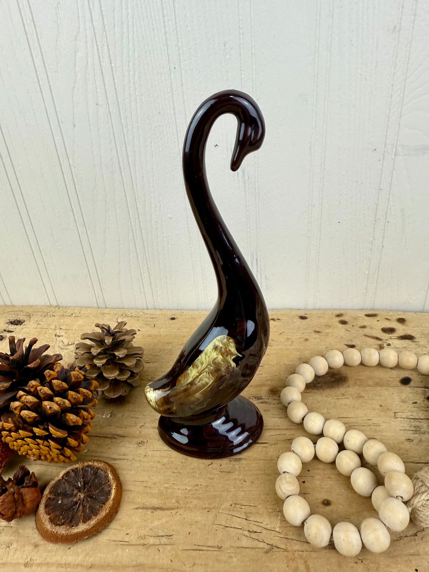 Vintage Enesco Redware Pottery Swan with Drip Glaze
