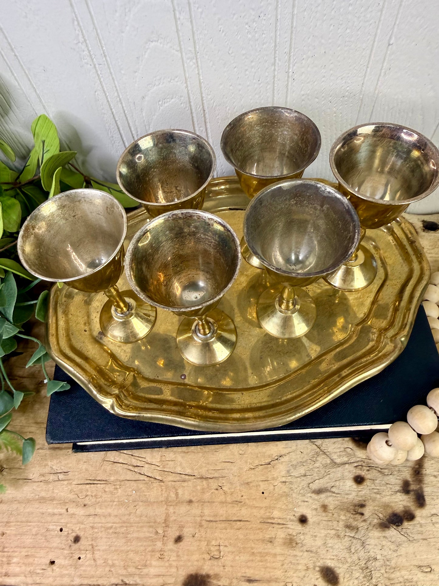 Vintage Mini Brass Barware Set with Goblets & Tray