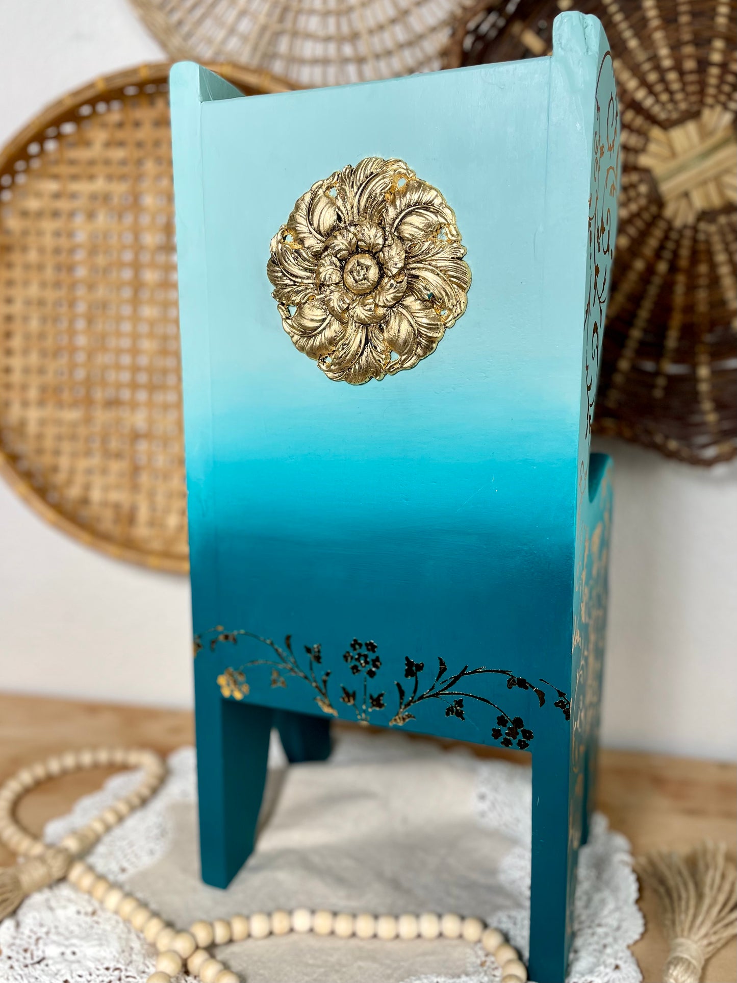 Hand Painted Ombré Wooden Chair Plant Holder with Gold Details