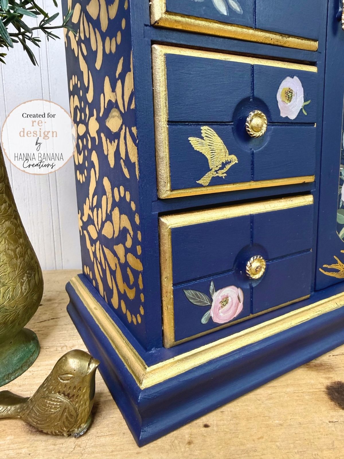 Upcycled Navy & Gold Jewelry Box with Pink Florals