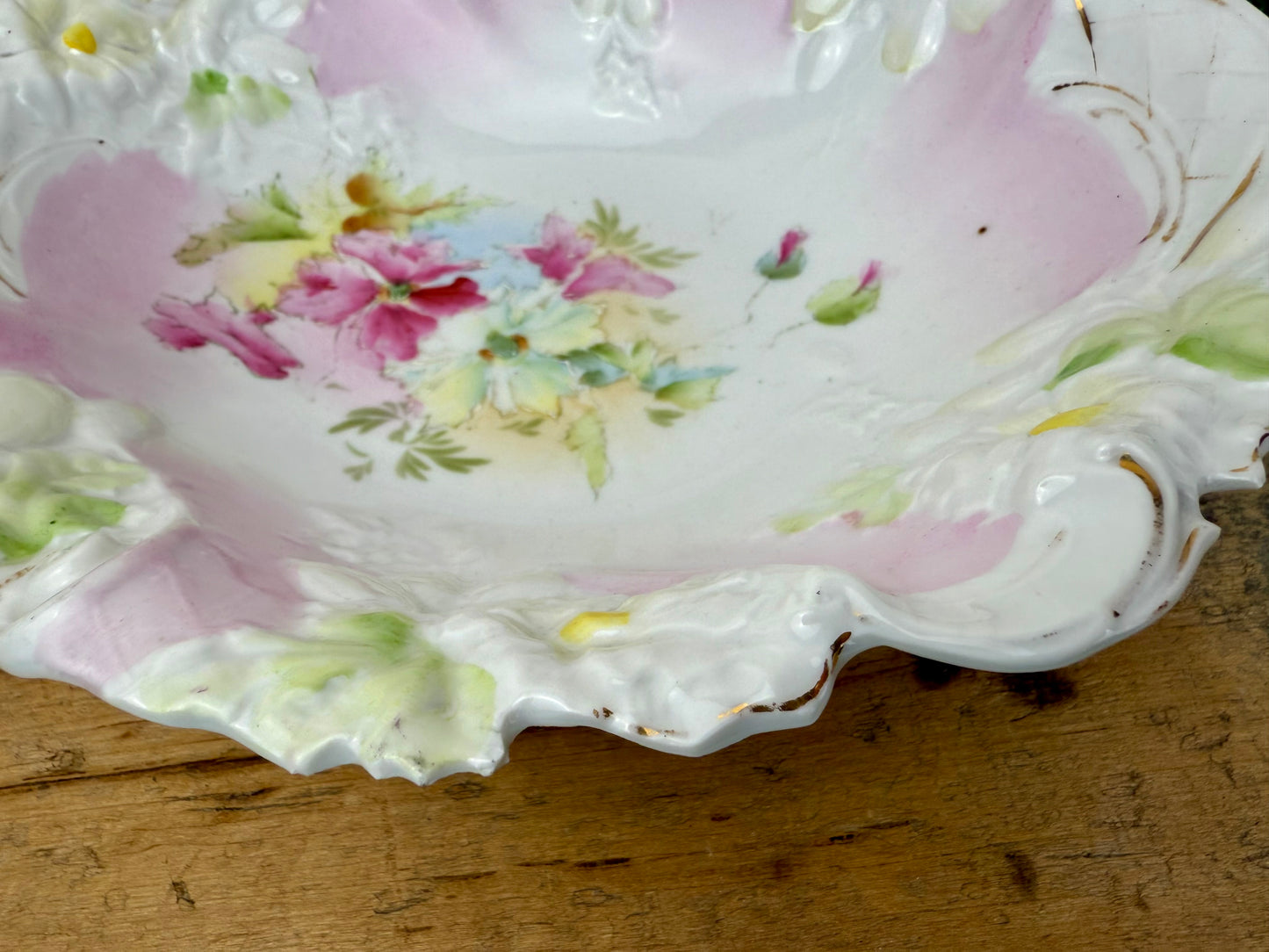 Antique Porcelain Serving Bowl with Hand Painted Florals