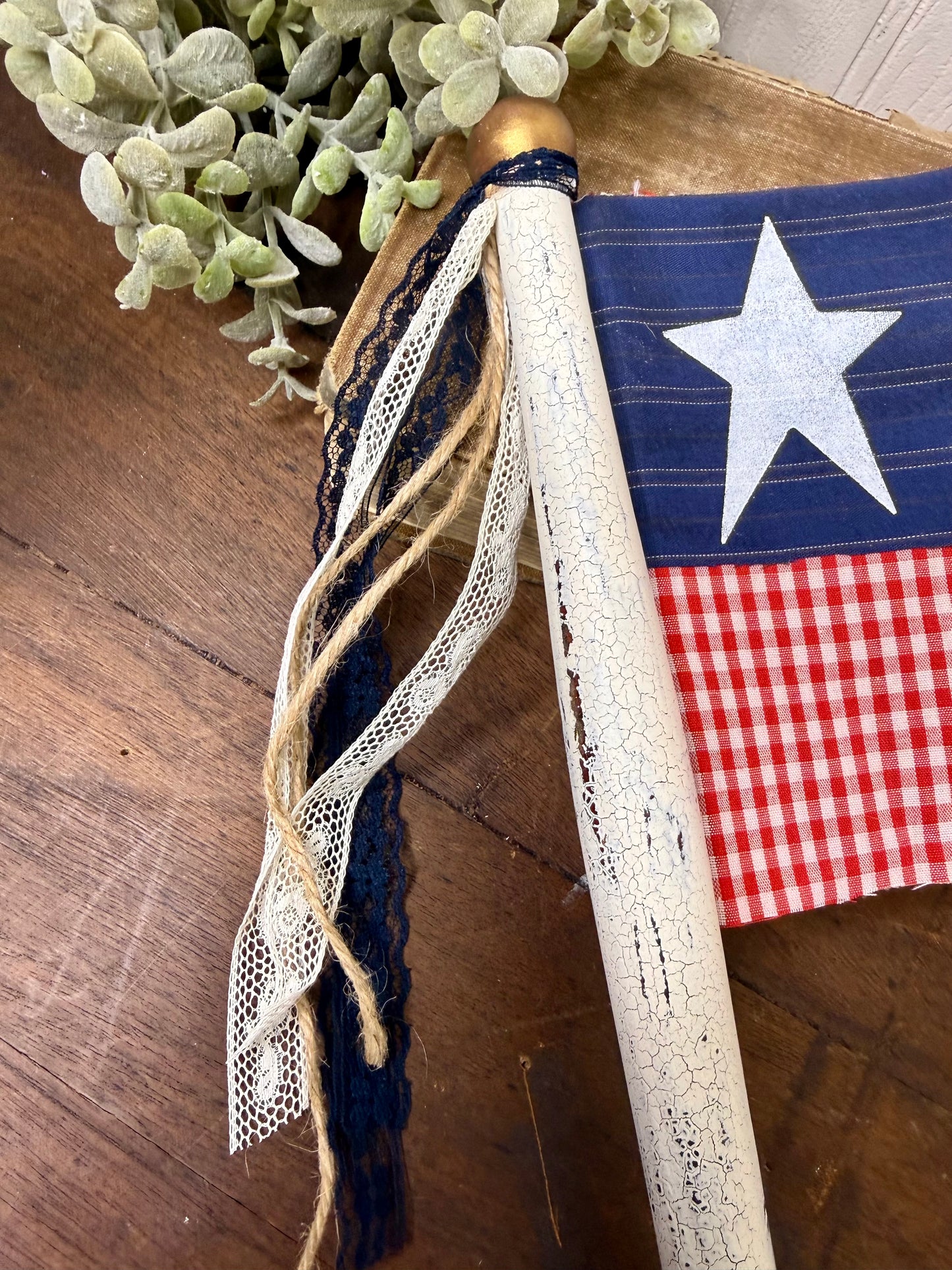 Handmade Spindle Flag with Gingham Pattern