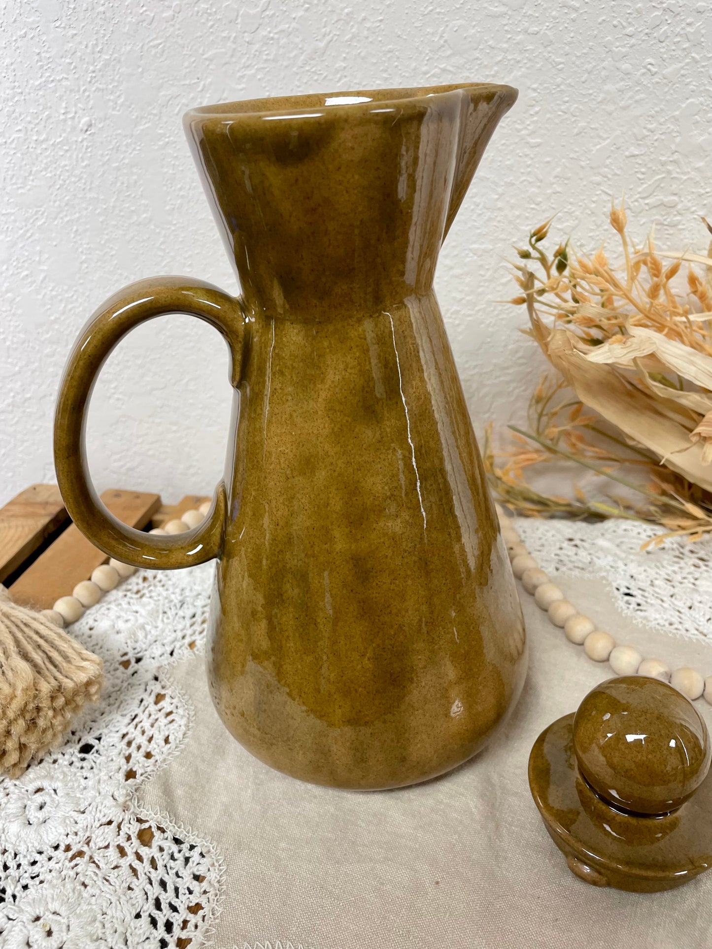 Vintage Mid-Century Handmade Ceramic Pitcher with Lid