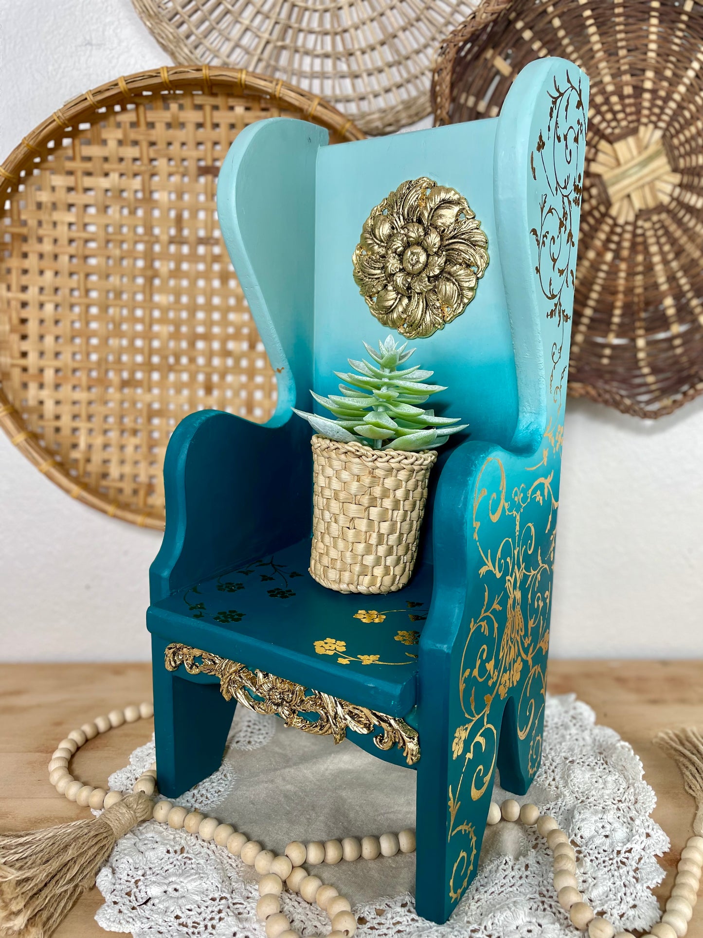 Hand Painted Ombré Wooden Chair Plant Holder with Gold Details