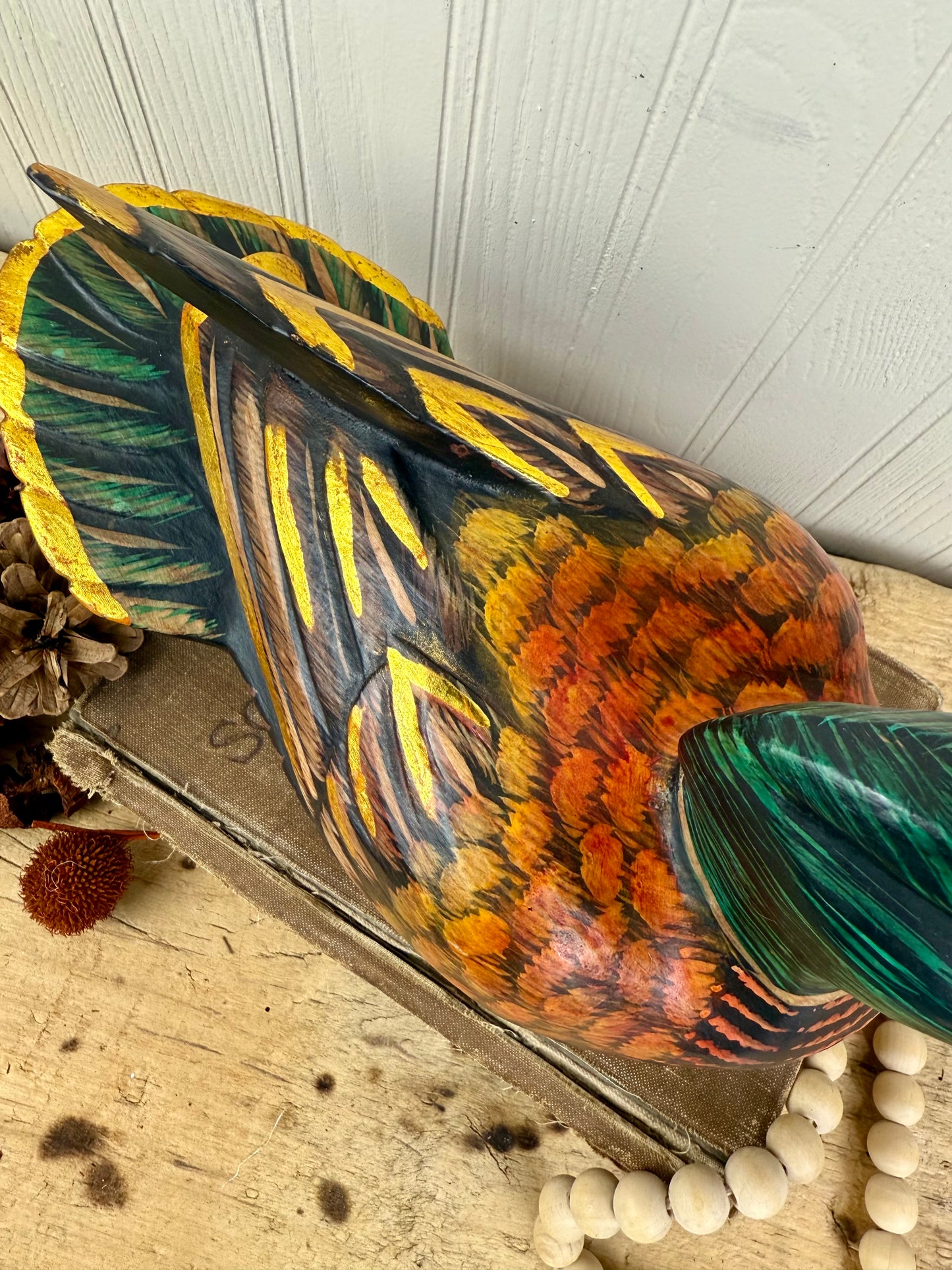 Vintage Hand Carved Wooden Duck with Golden Details