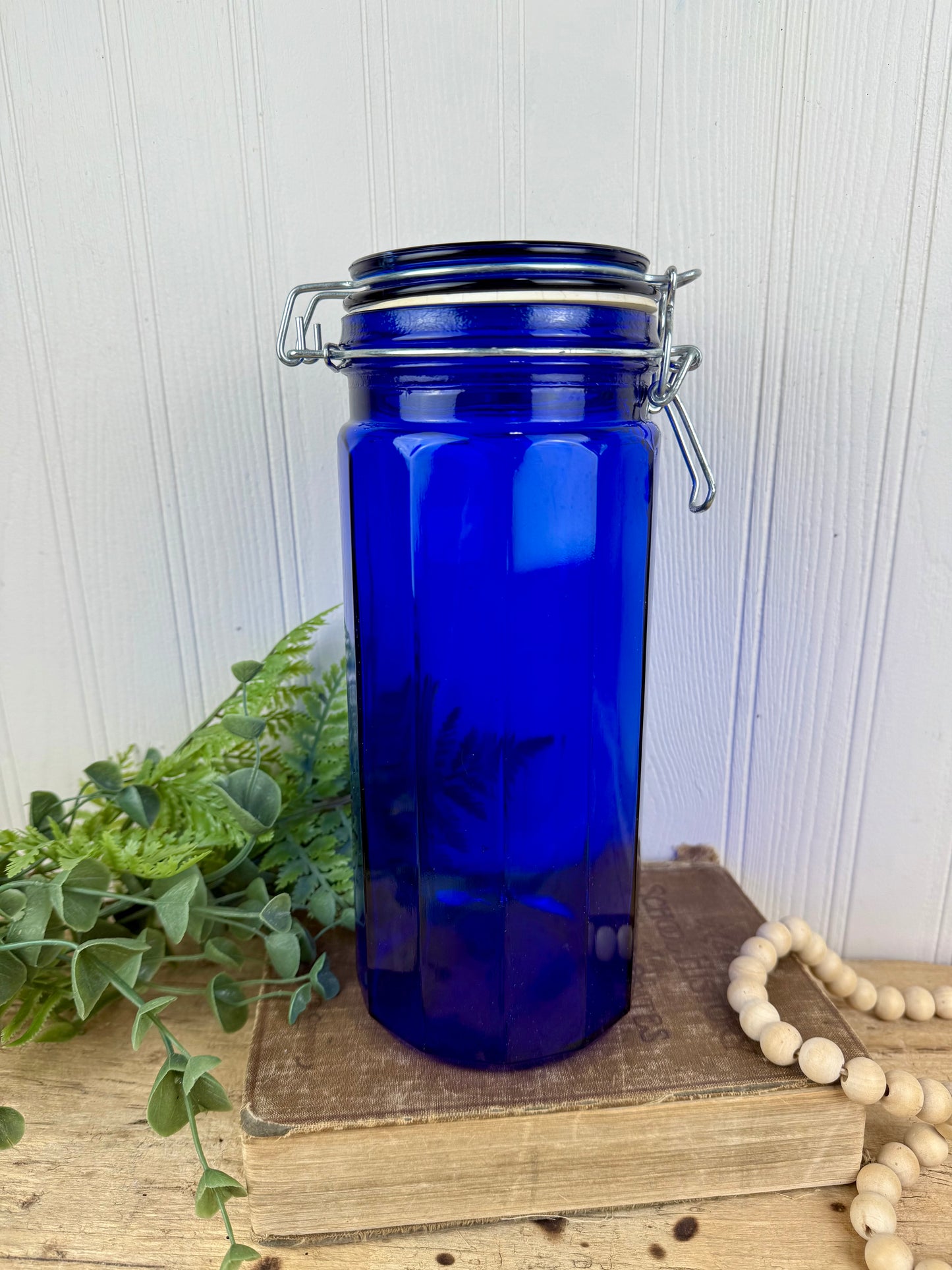 Vintage Cobalt Blue Glass Canister with Wire Clasp