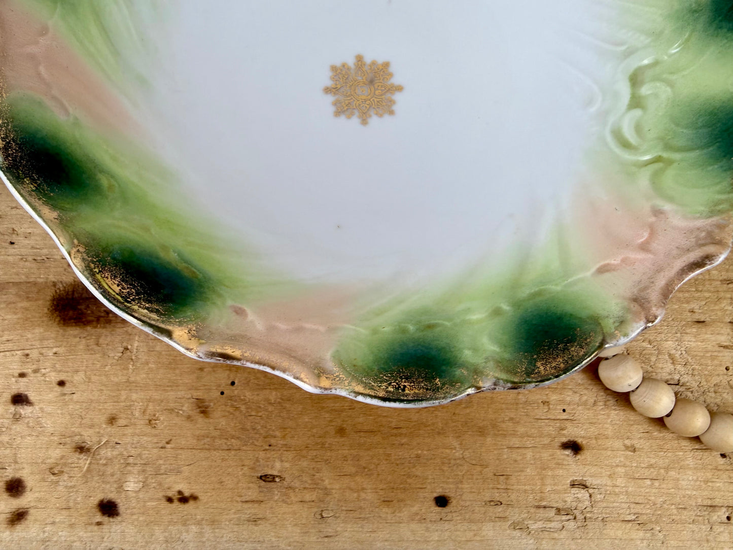 Vintage Green & Pink Porcelain Serving Bowl