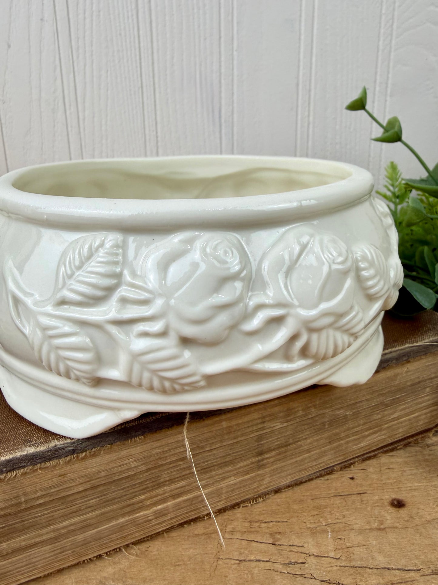 Vintage Ceramic Footed Planter Bowl with Roses